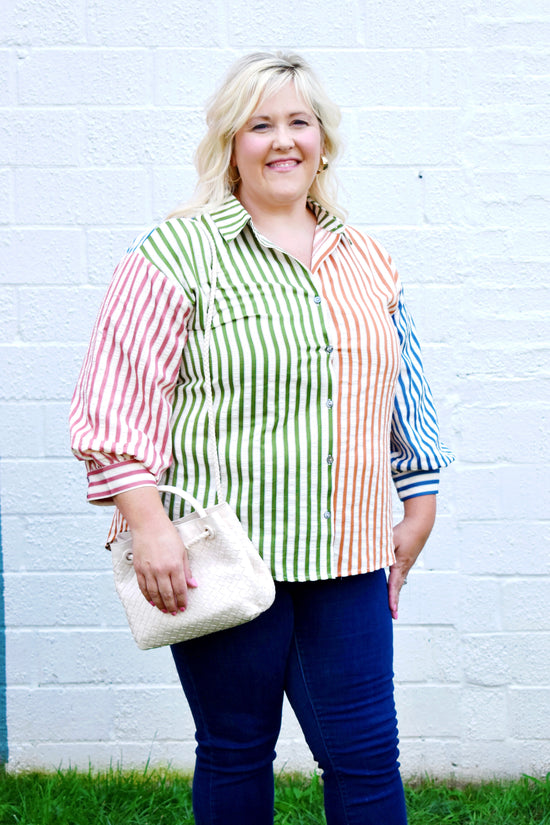 Plus Fall Color Block Striped Button Down