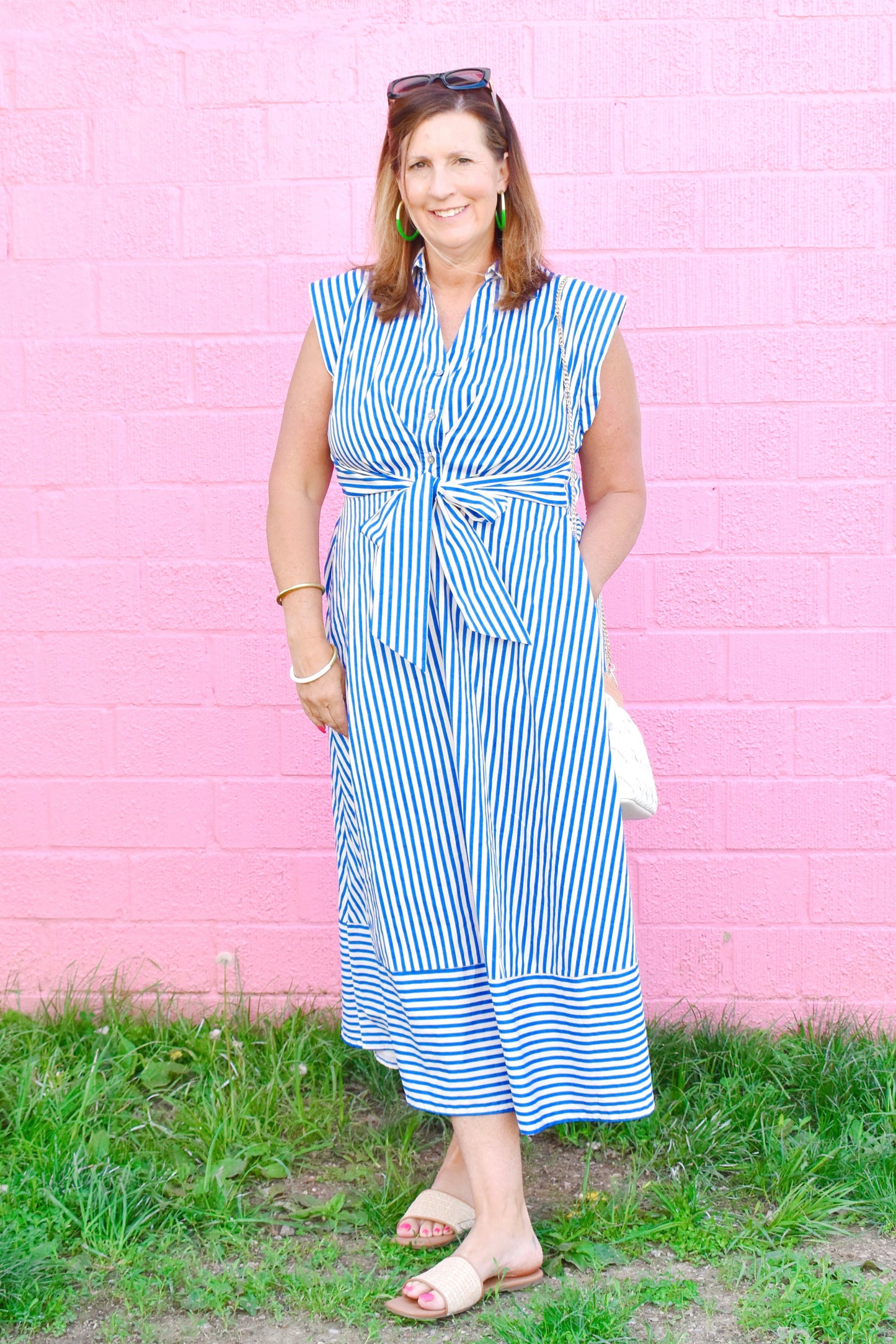 Blue & White Striped Collared Tie Waist Dress