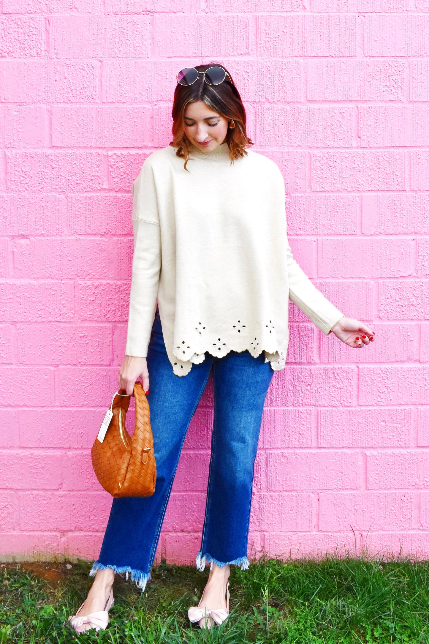 Oatmeal Eyelet Trim Poncho Sweater