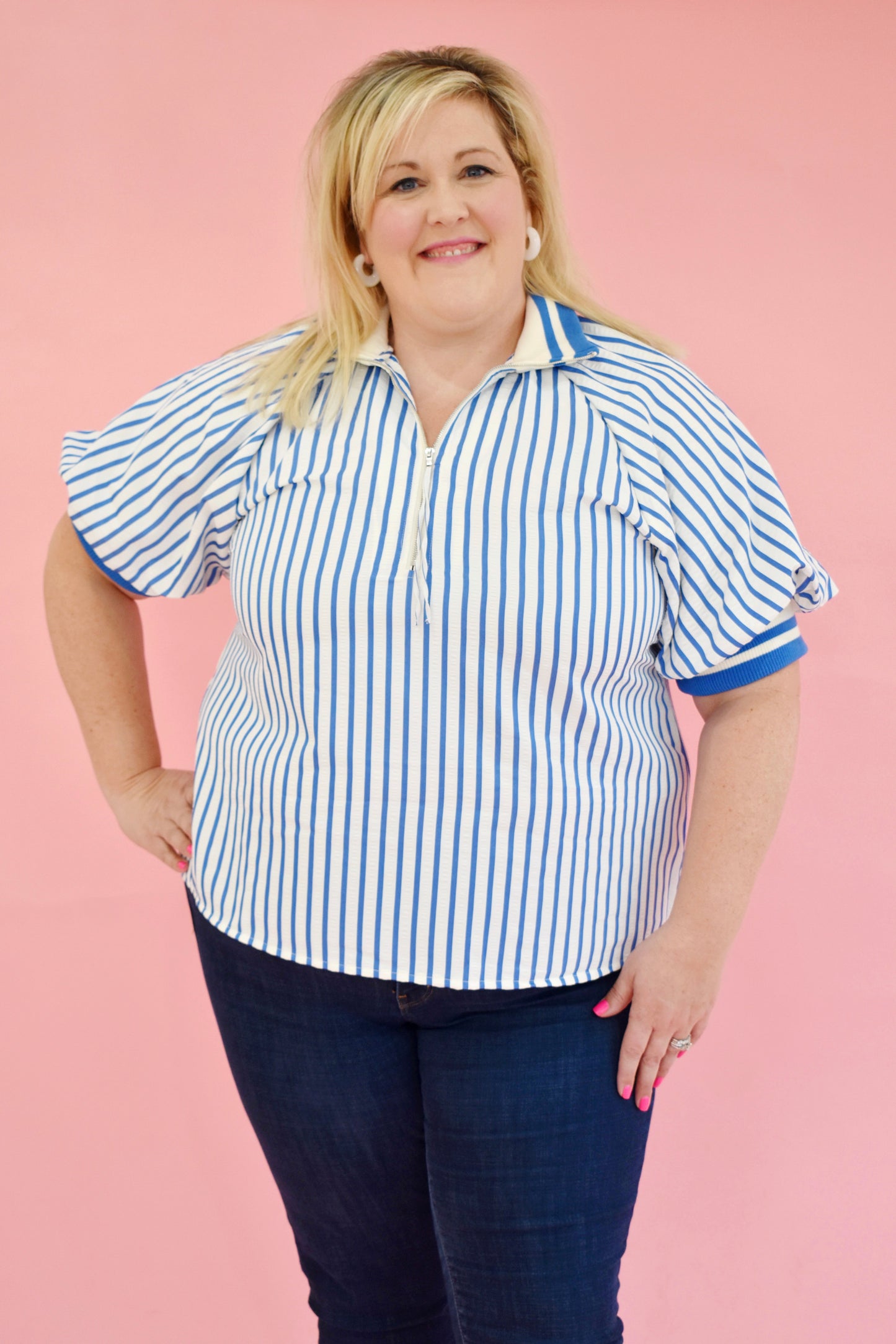 Plus Blue Striped Zip Top