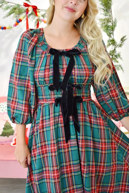 Tied With A Bow Green Plaid Midi Dress