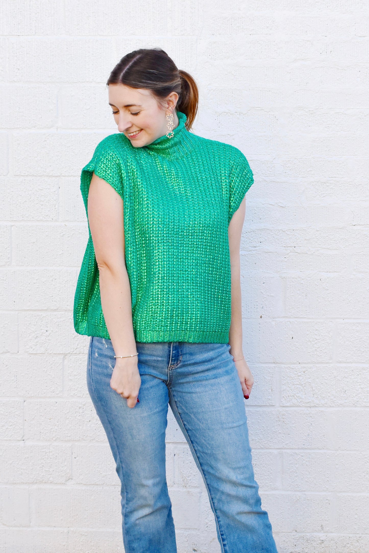 Metallic Green Sweater Vest Top