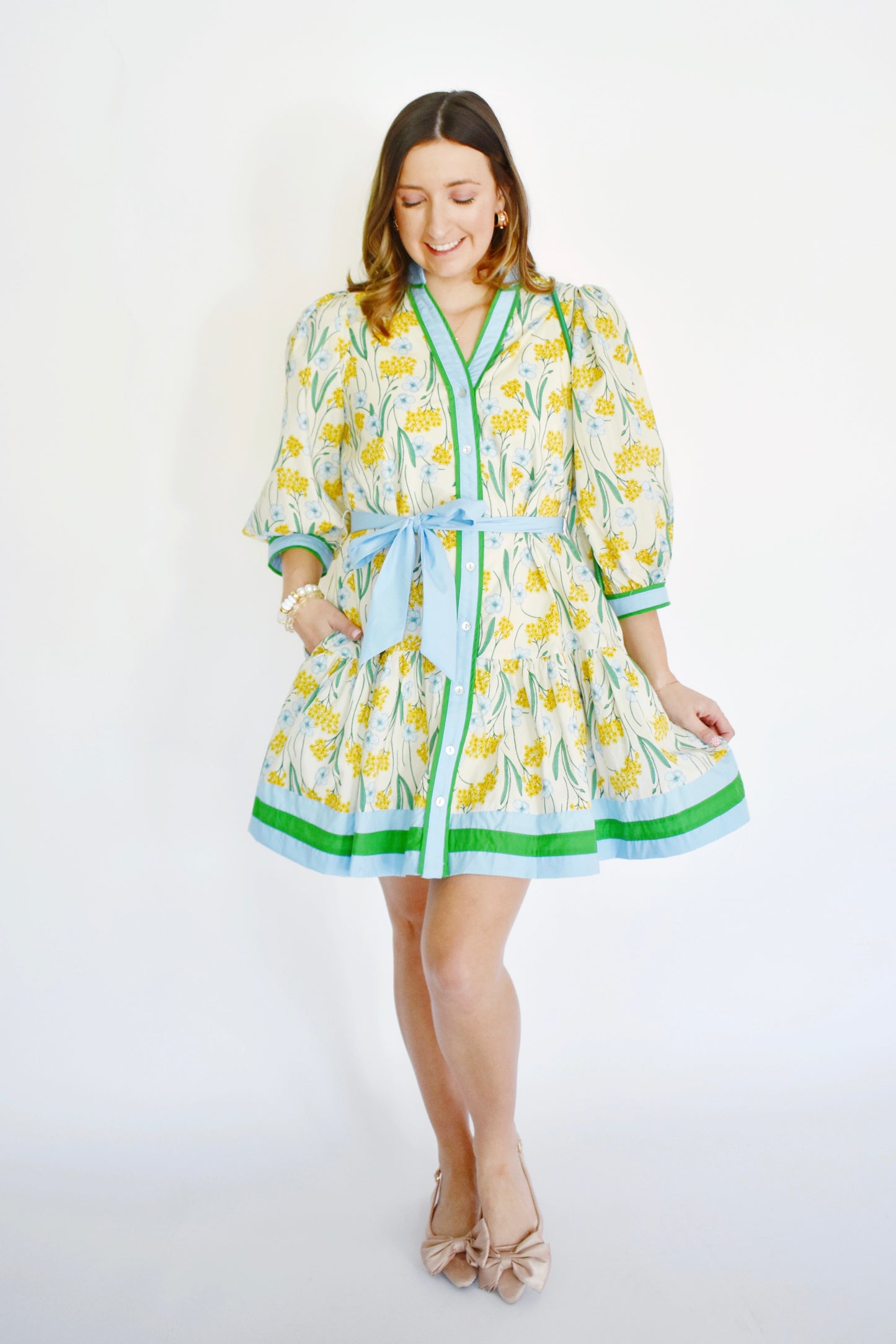 Lemon Floral Blue Green Contrast Tie Waist Dress