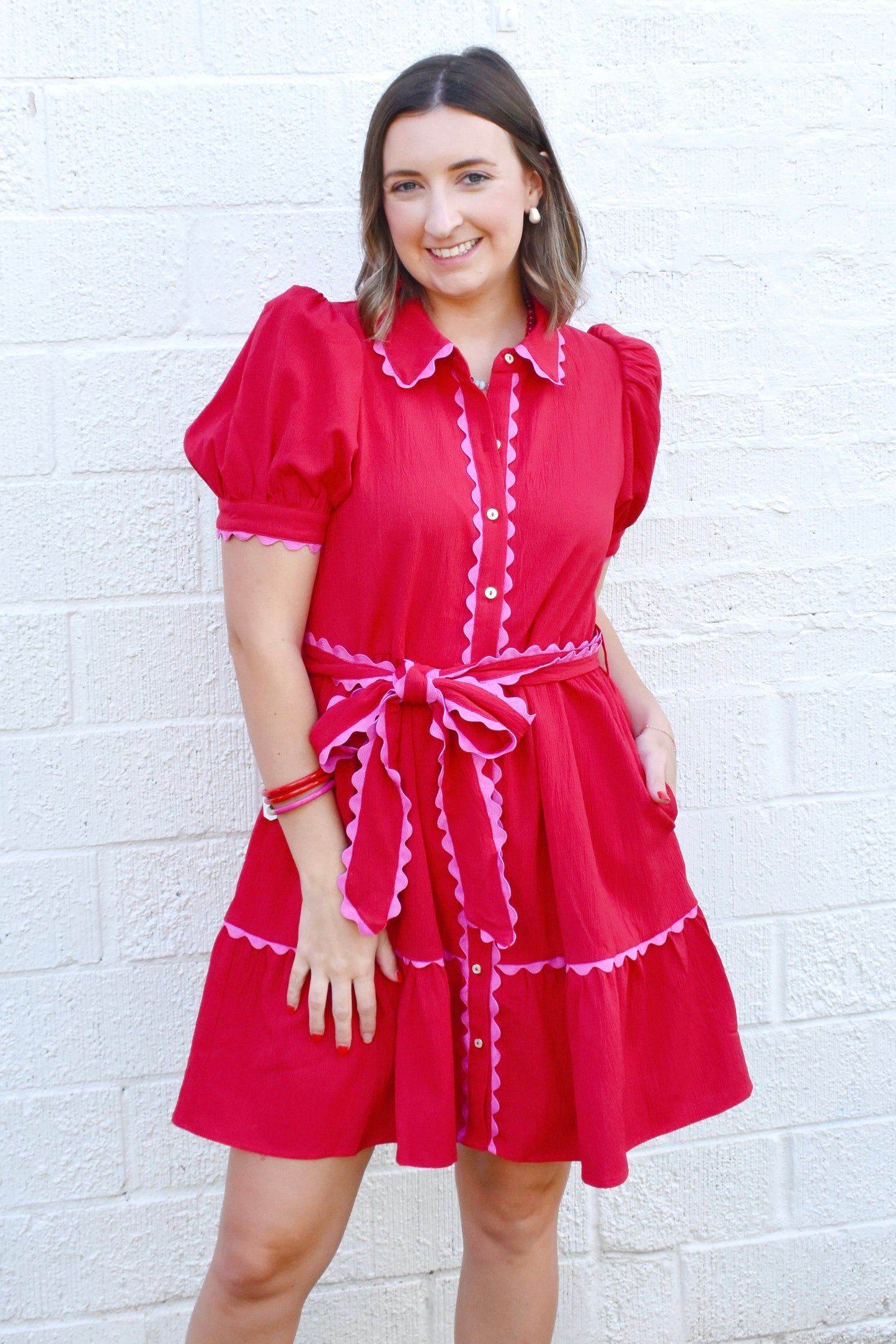 Red Pink Ric Rac Tie Waist Dress