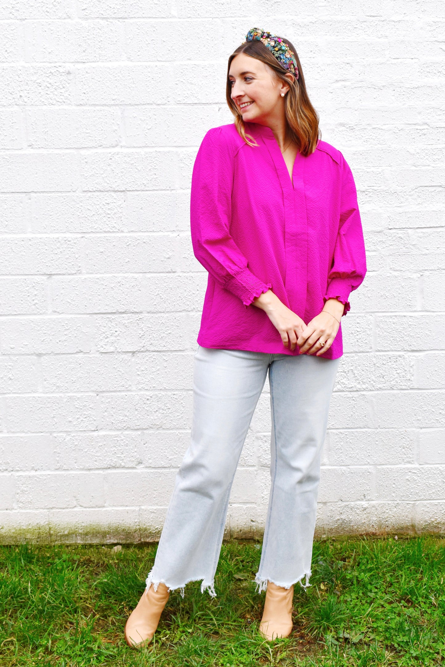 Magenta Smocked Cuff Blouse