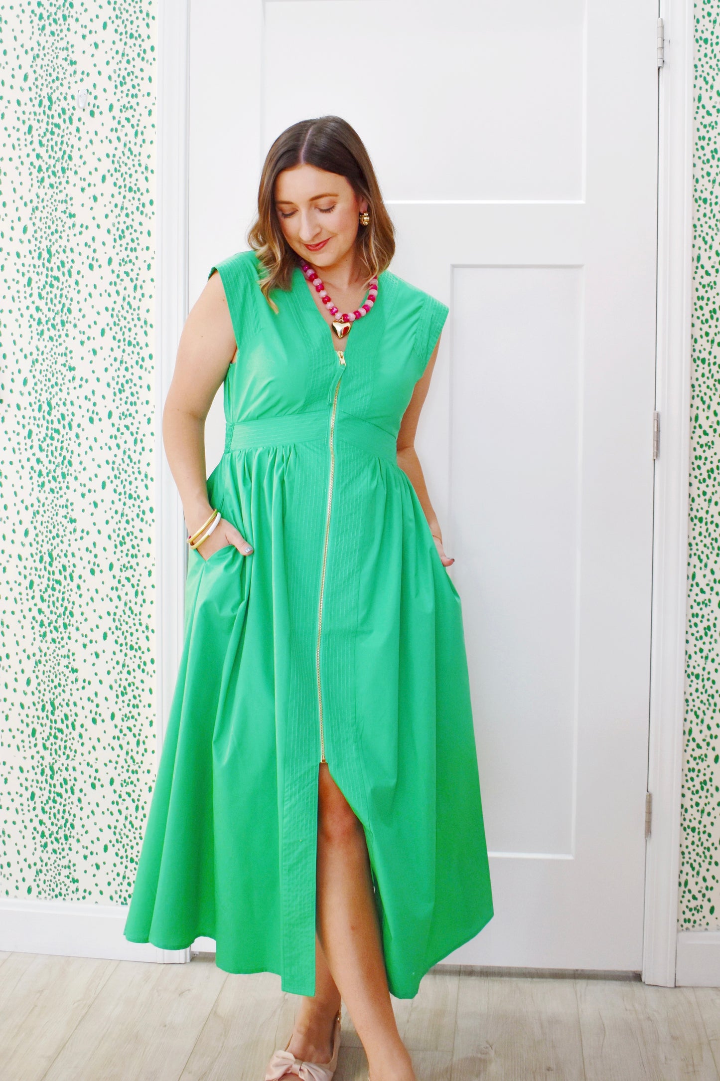 Kelly Green Zip Up Midi Dress