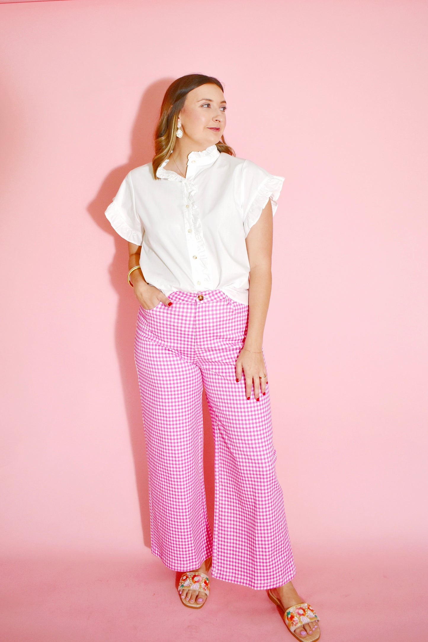 Pink Gingham Wide Leg Pants