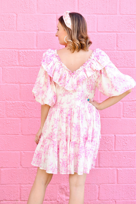 Feminine Pink Toile Ruffle Dress