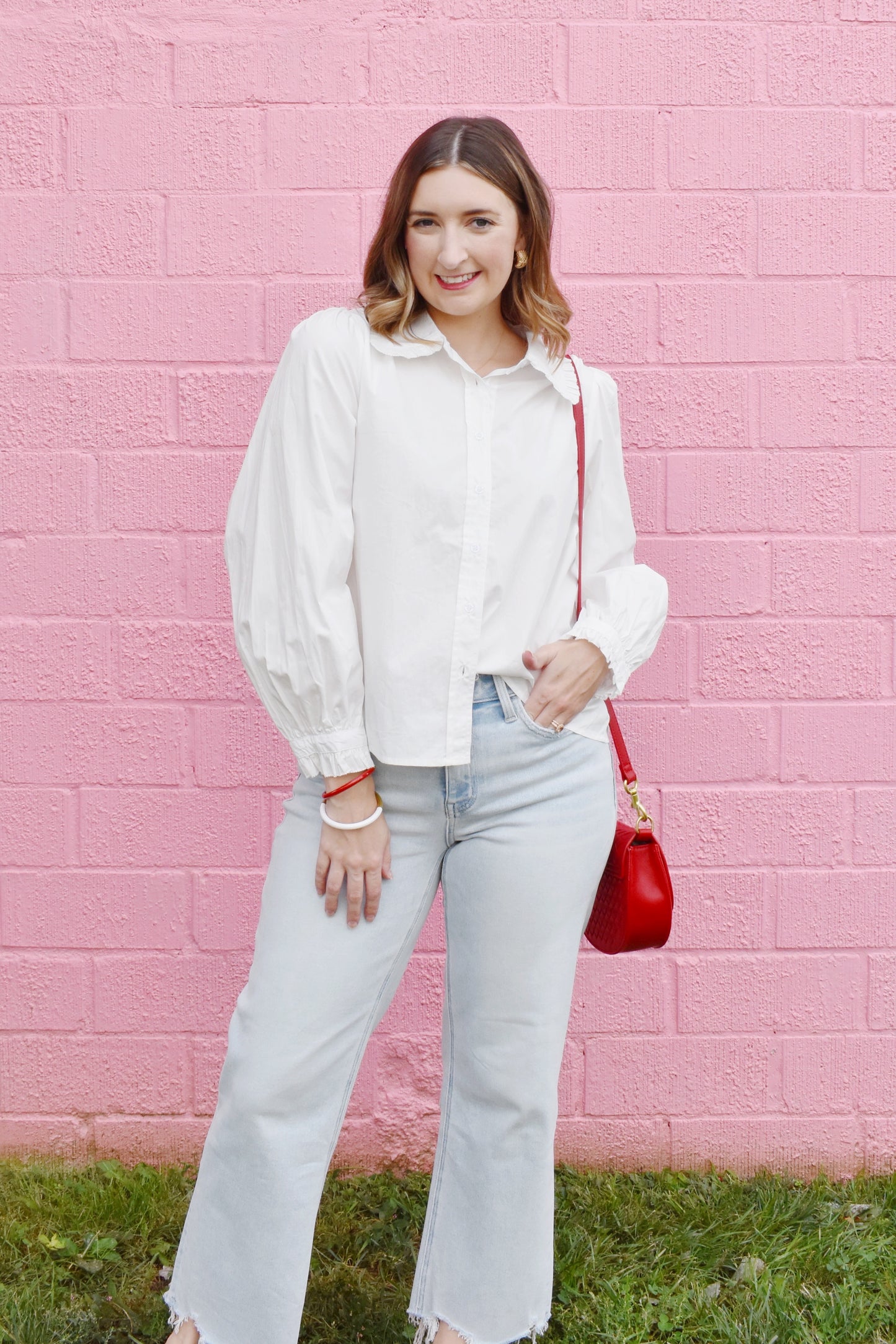 White Ruffle Collared Button Down