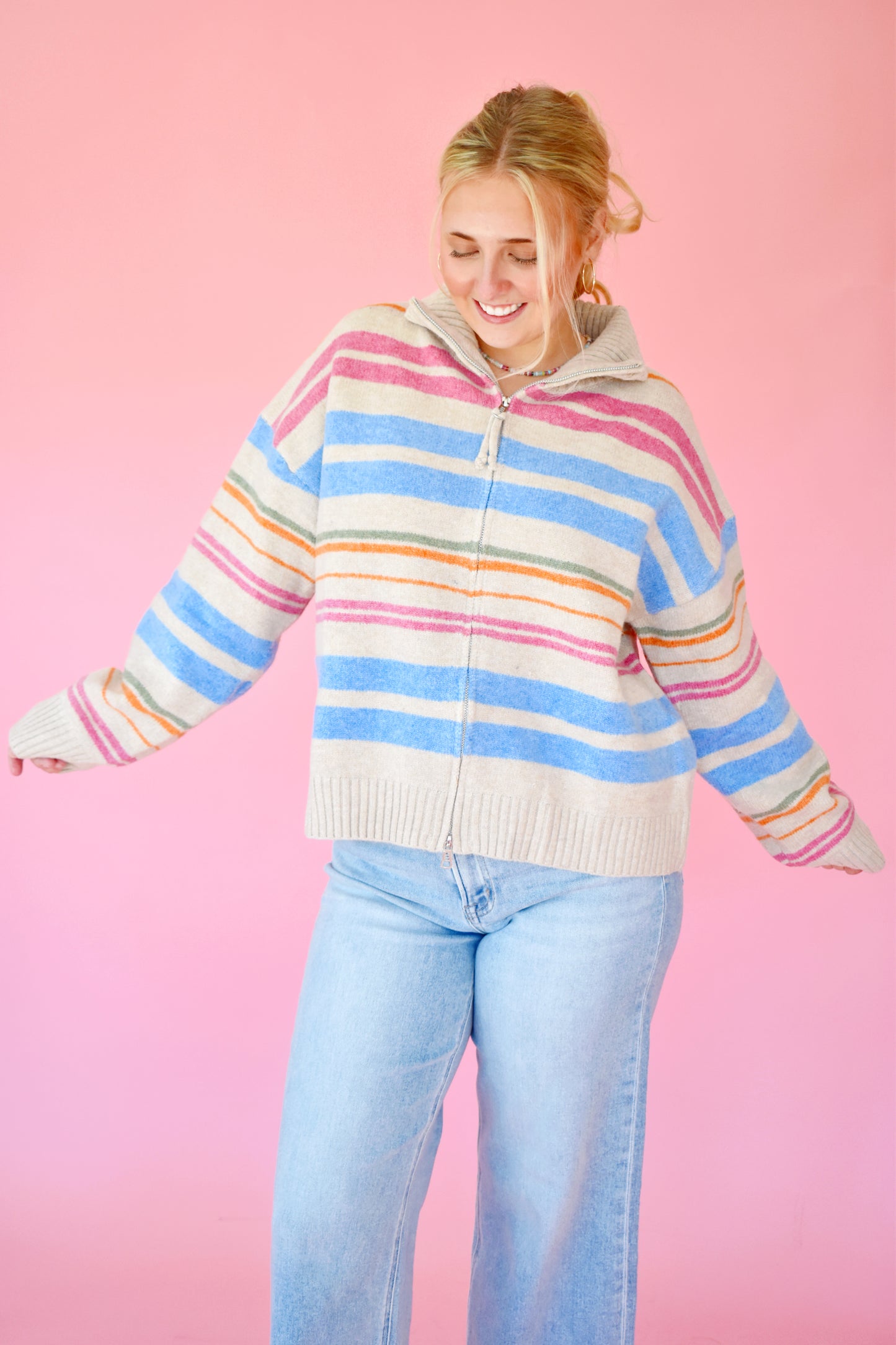 Biscotti Multi Striped Zip Up Cardigan Sweater