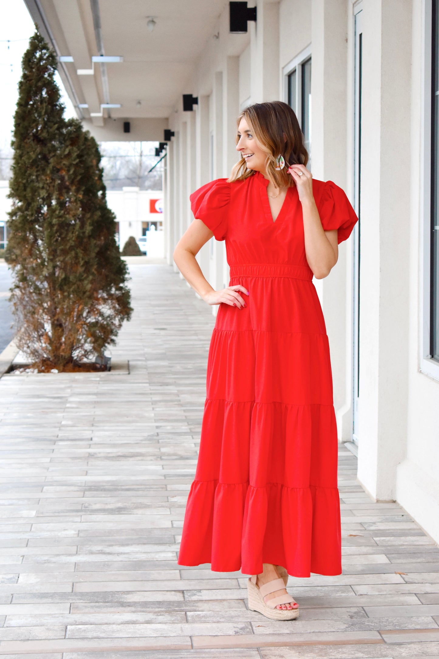 red midi dress puff sleeve Lady In Red Puff Sleeve Midi Dress Confetti Boutique