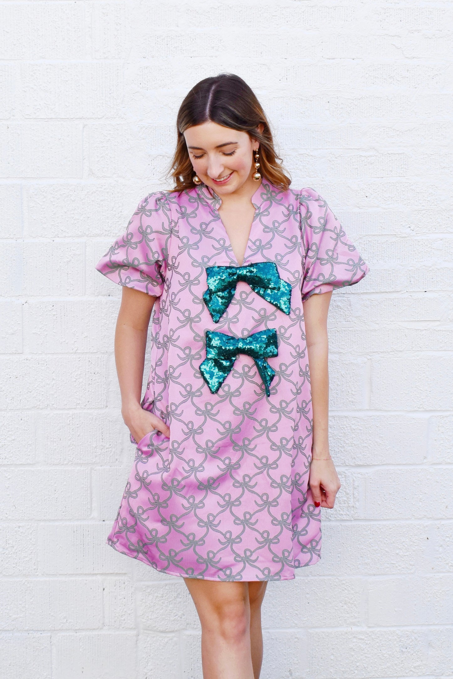 Lilac & Green Bow Printed Sequin Bow Dress Confetti Boutique Lilac & Green Bow Printed Sequin Bow Dress Confetti Boutique