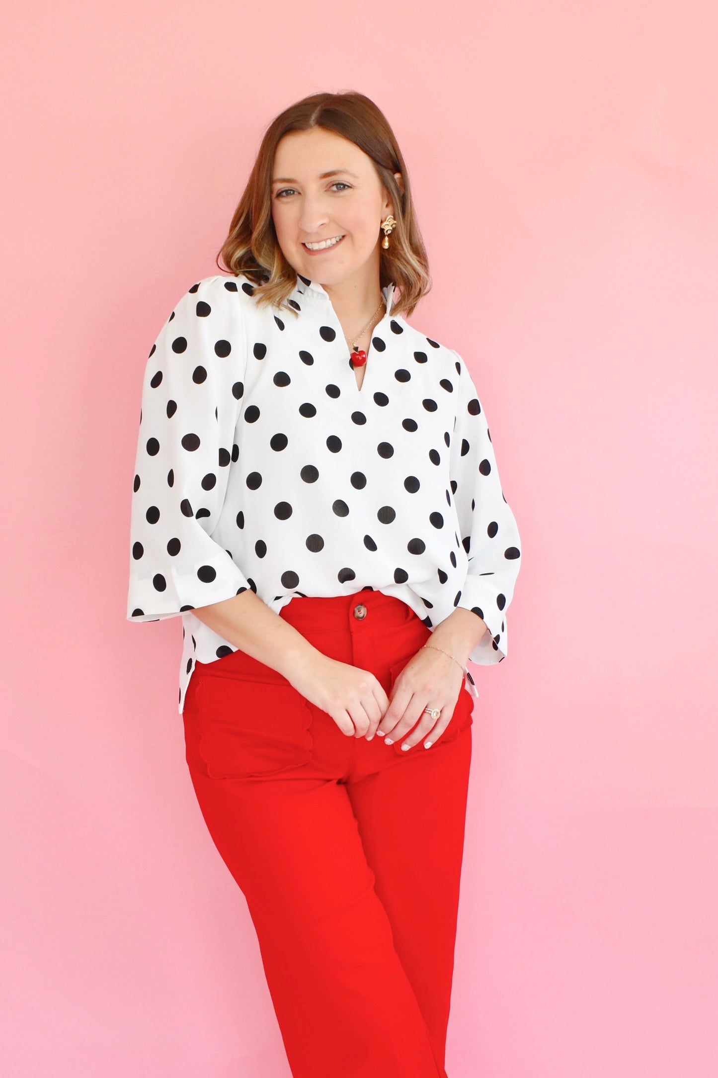 White & Black Polka Dot Ruffle Neck Top