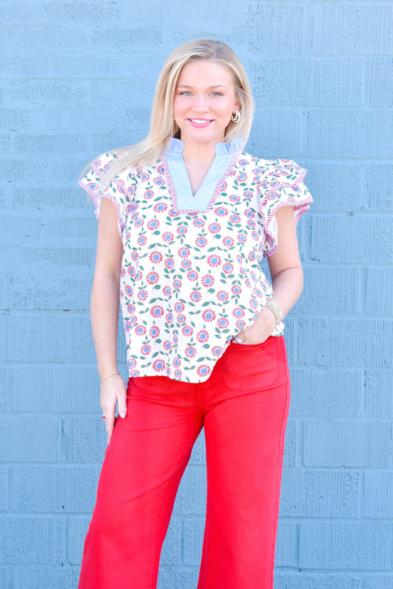 Red & Blue Floral Ruffle Blouse