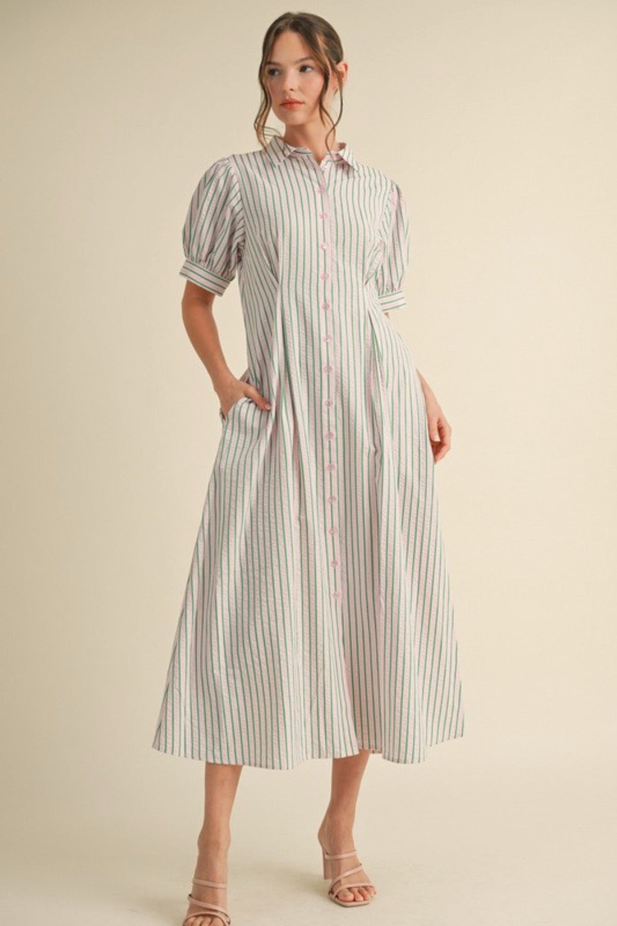 Pink Seersucker Button Dress