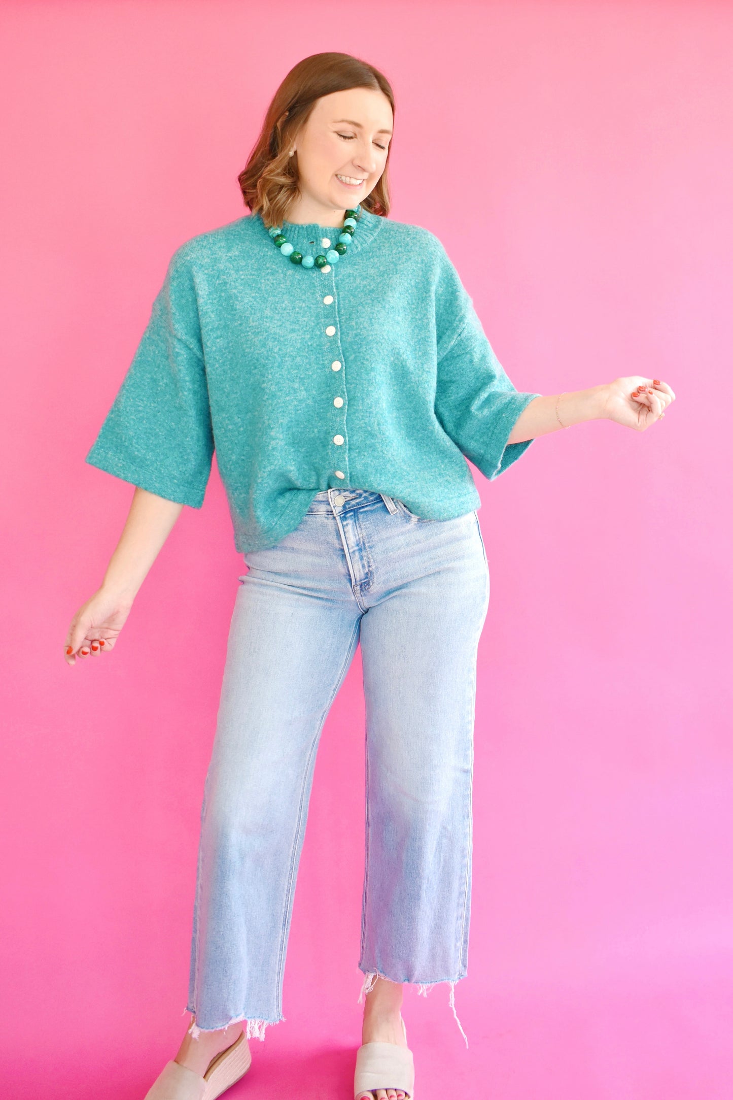 Teal Green Button Down Short Sleeve Cardigan
