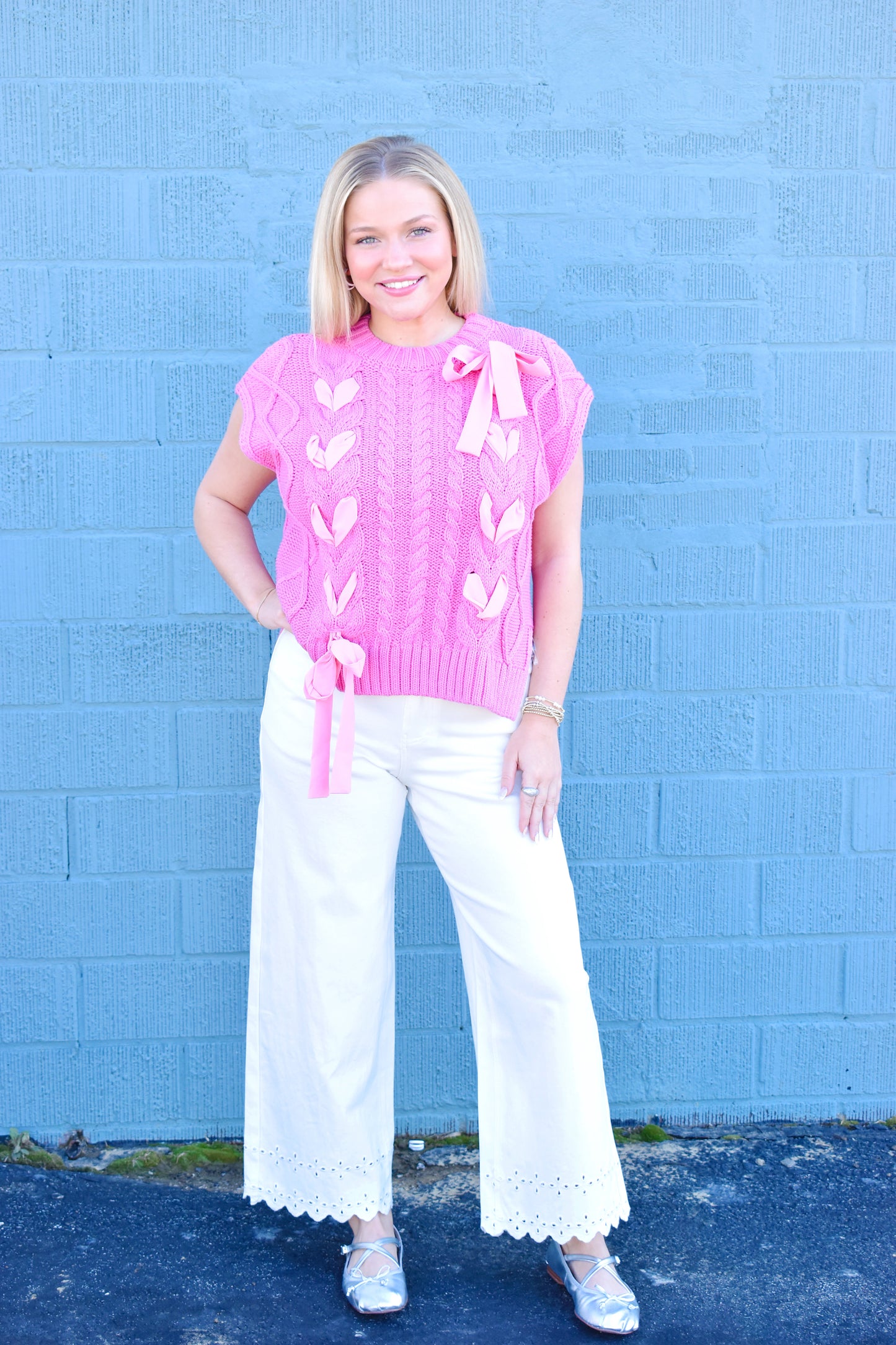 Pink Ribbon Lace Bow Sweater Top