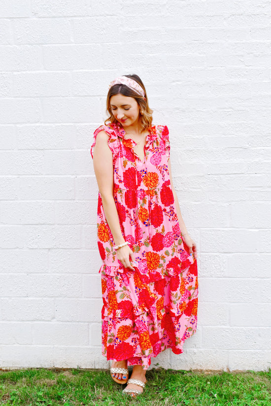 Pink & Orange Floral Midi Dress