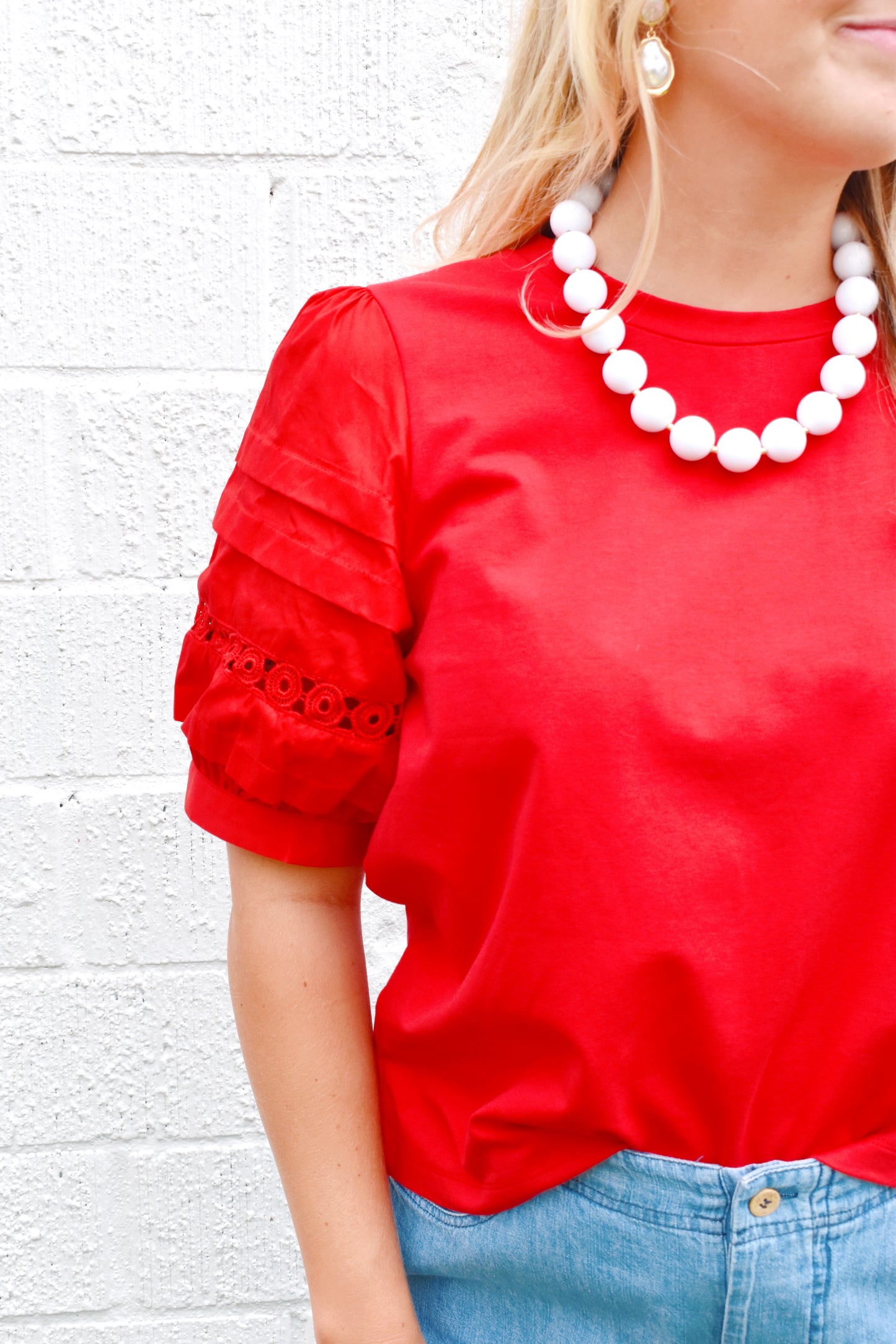 Red Lace Accent Puff Sleeve Top
