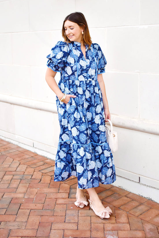 Navy Hydrangea Midi Dress