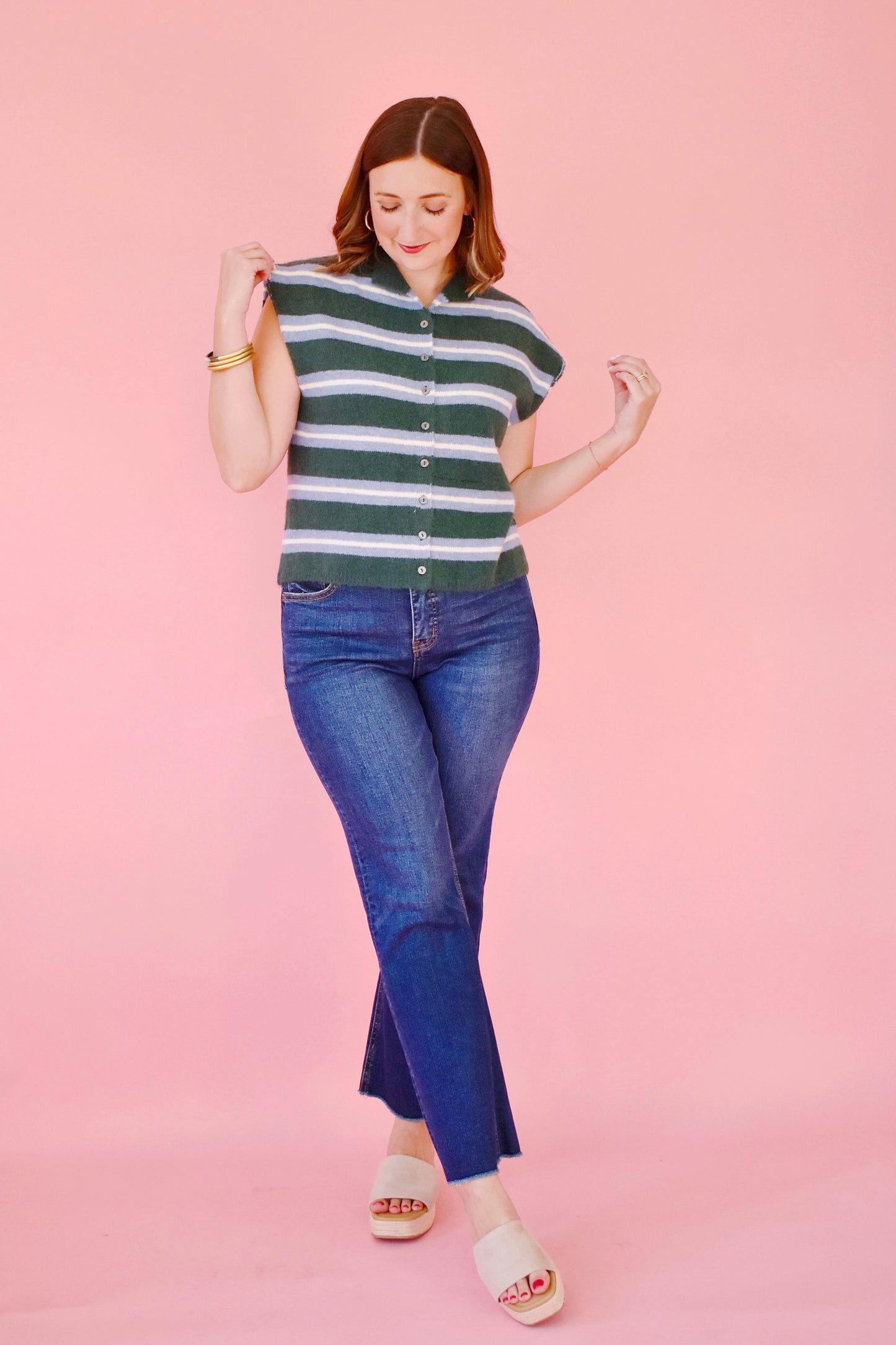 Hunter Green & Blue Stripe Short Sleeve Cardigan Top