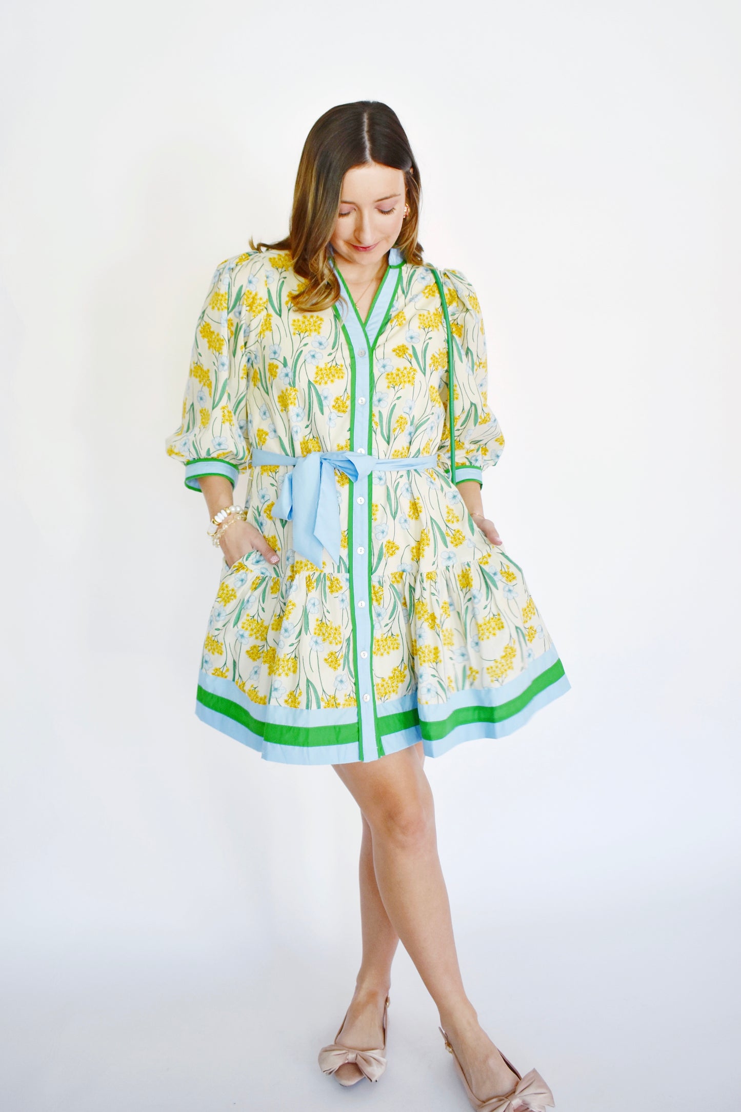 Lemon Floral Blue Green Contrast Tie Waist Dress