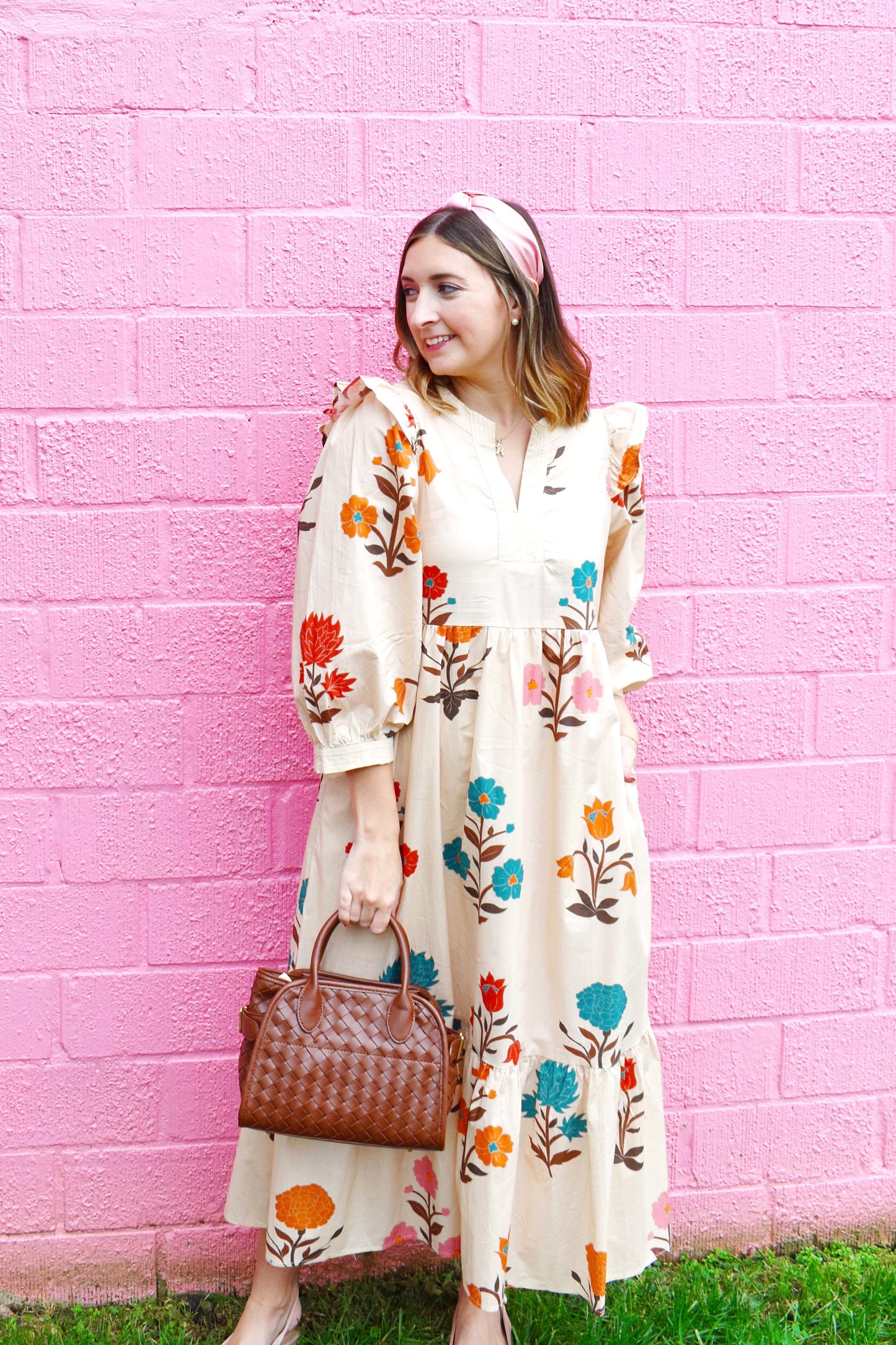 Fall Multi Floral Ruffle Detail Midi Dress