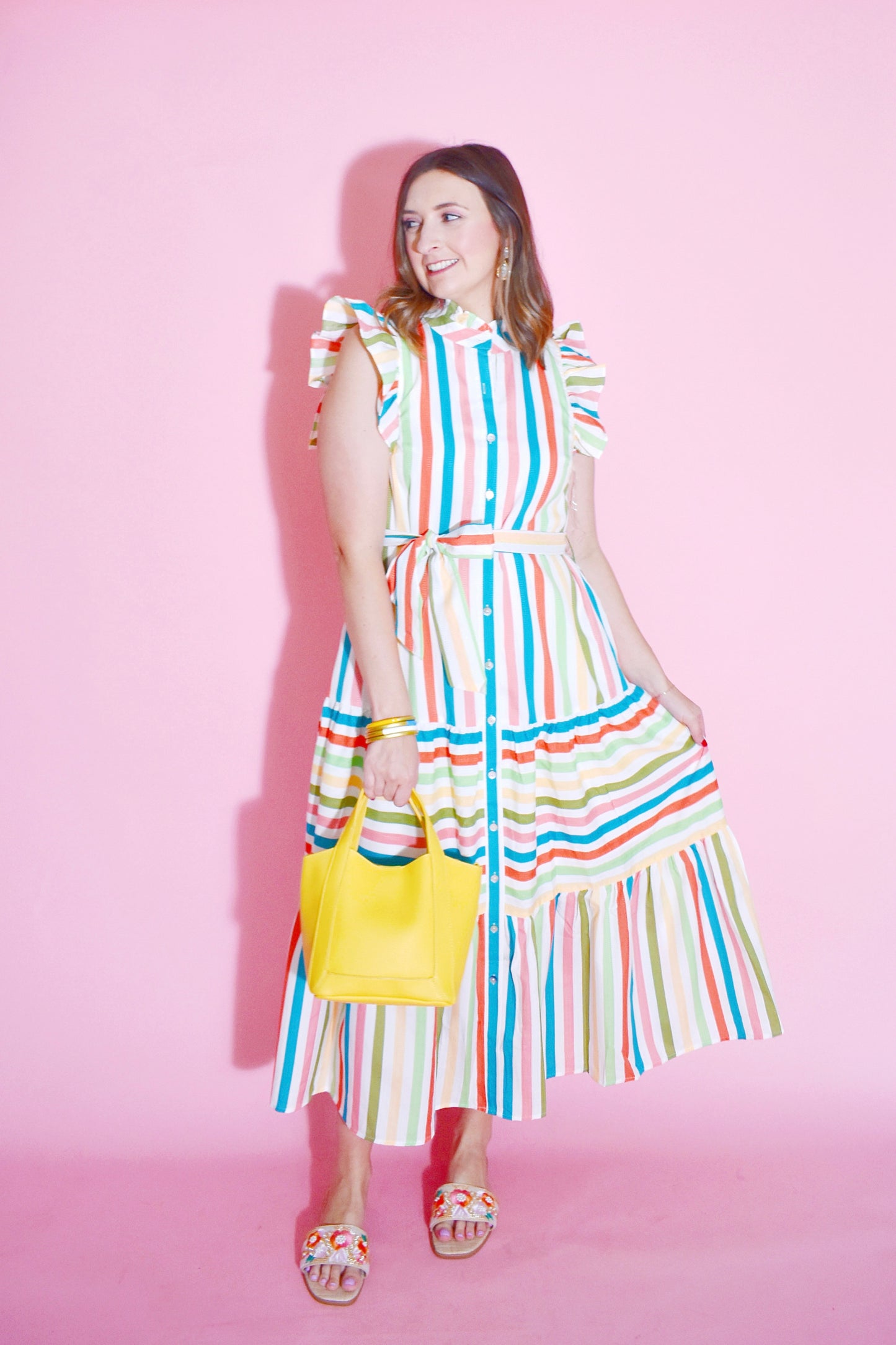 Mint Jade Stripe Button Down Tie Waist Dress