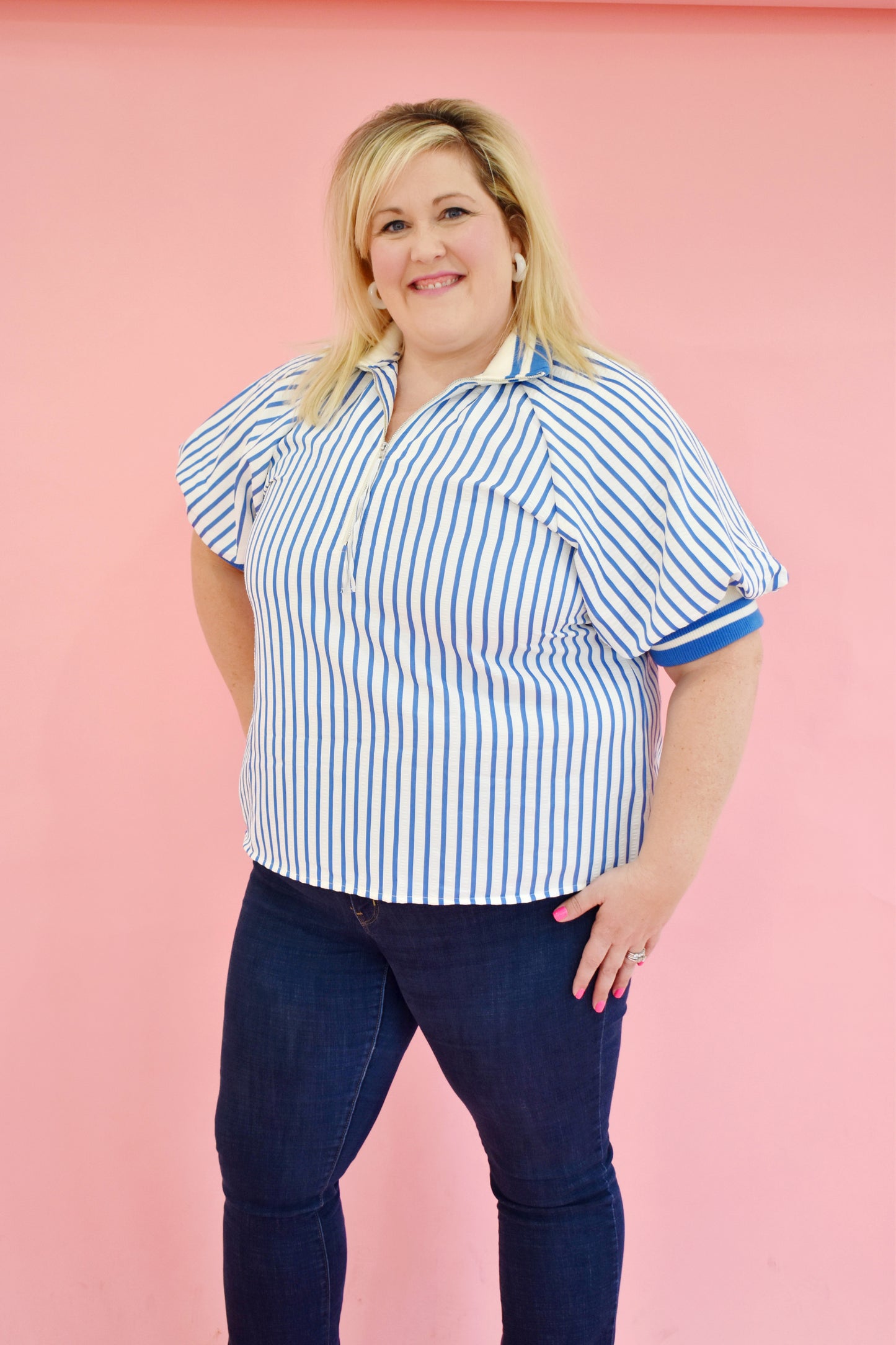 Plus Blue Striped Zip Top