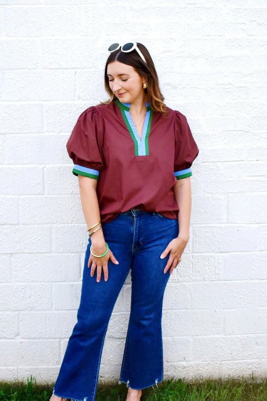 Chocolate Blue & Green Trim Puff Sleeve Blouse