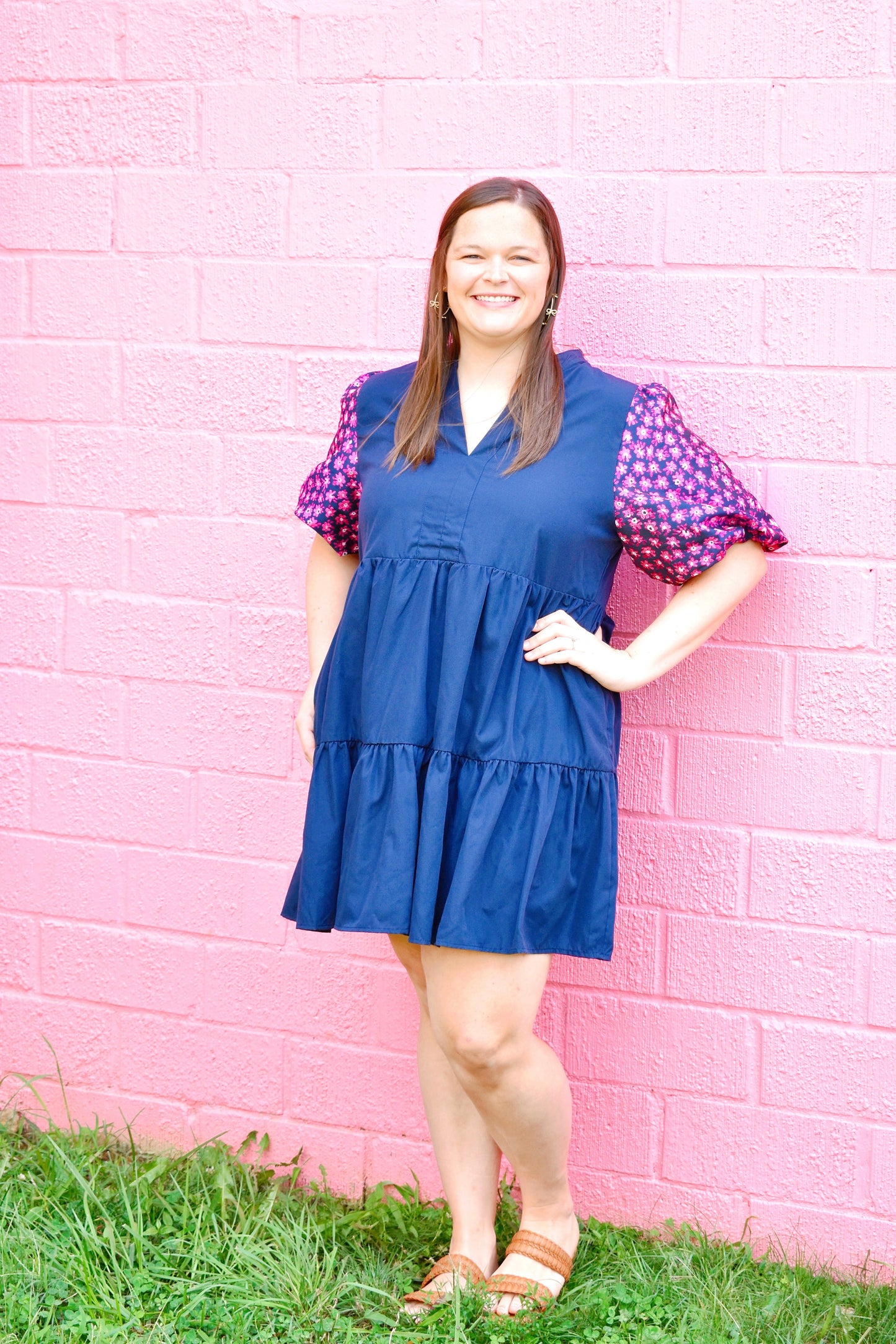 navy blue and pink plus size dress Multi Colored Plus Size Three Quarter Sleeve Floral Sheath Dress