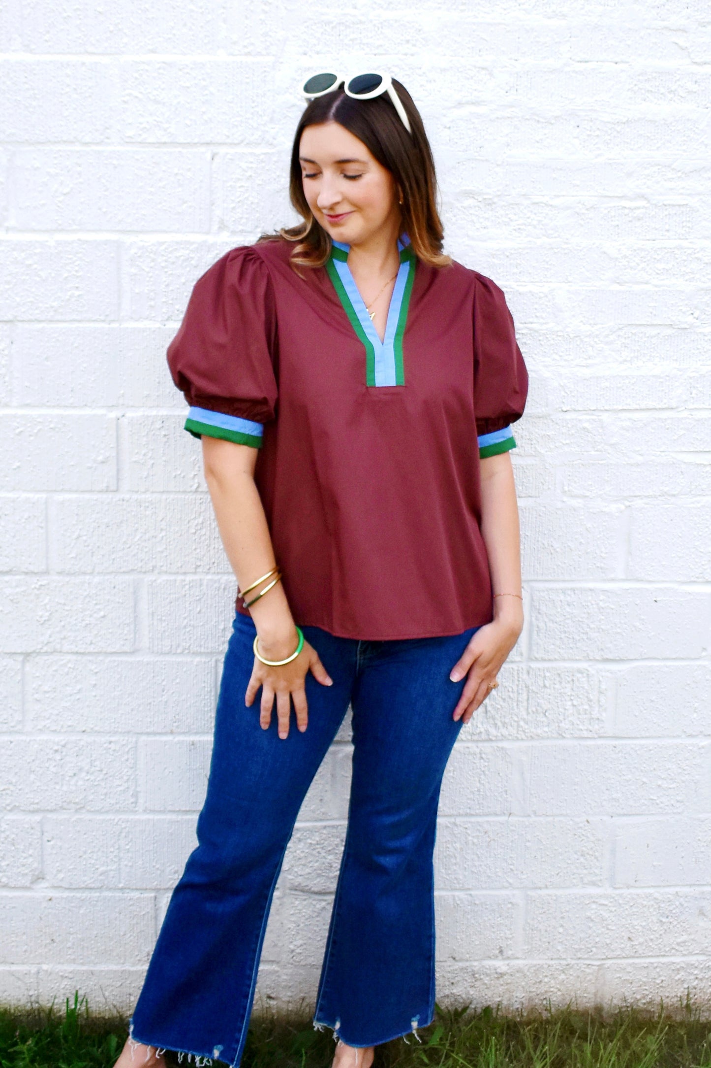 Chocolate Blue & Green Trim Puff Sleeve Blouse