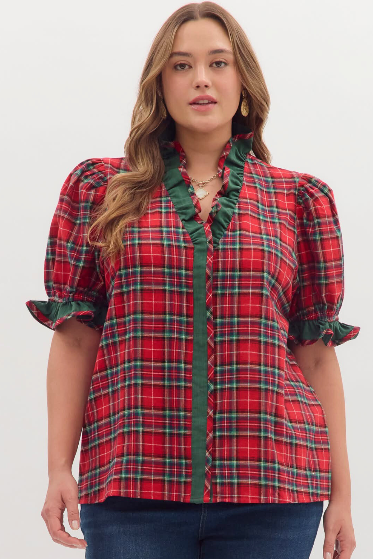 Plus Tartan Ruffle Blouse