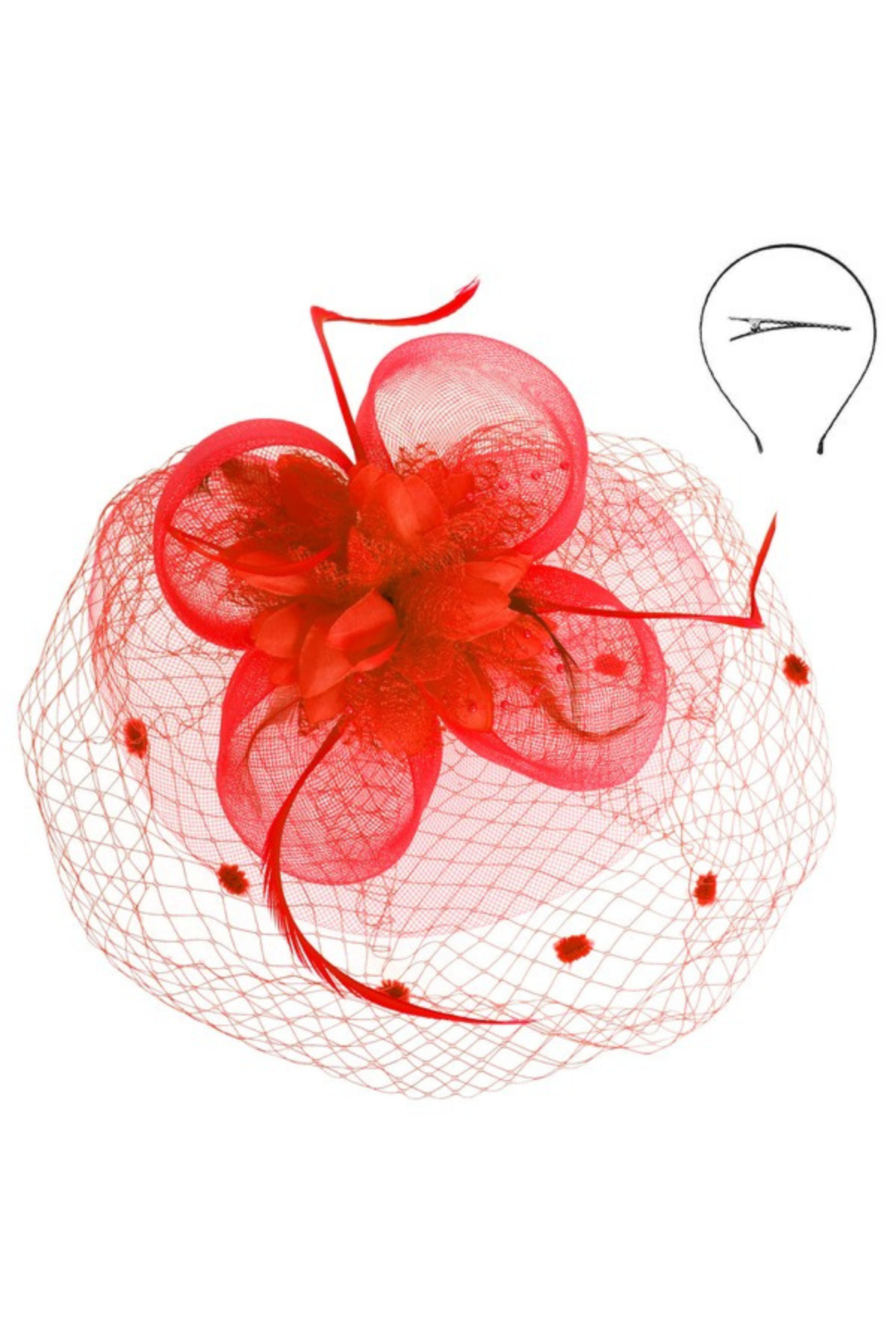 Red Flower Dotted Veil Fascinator