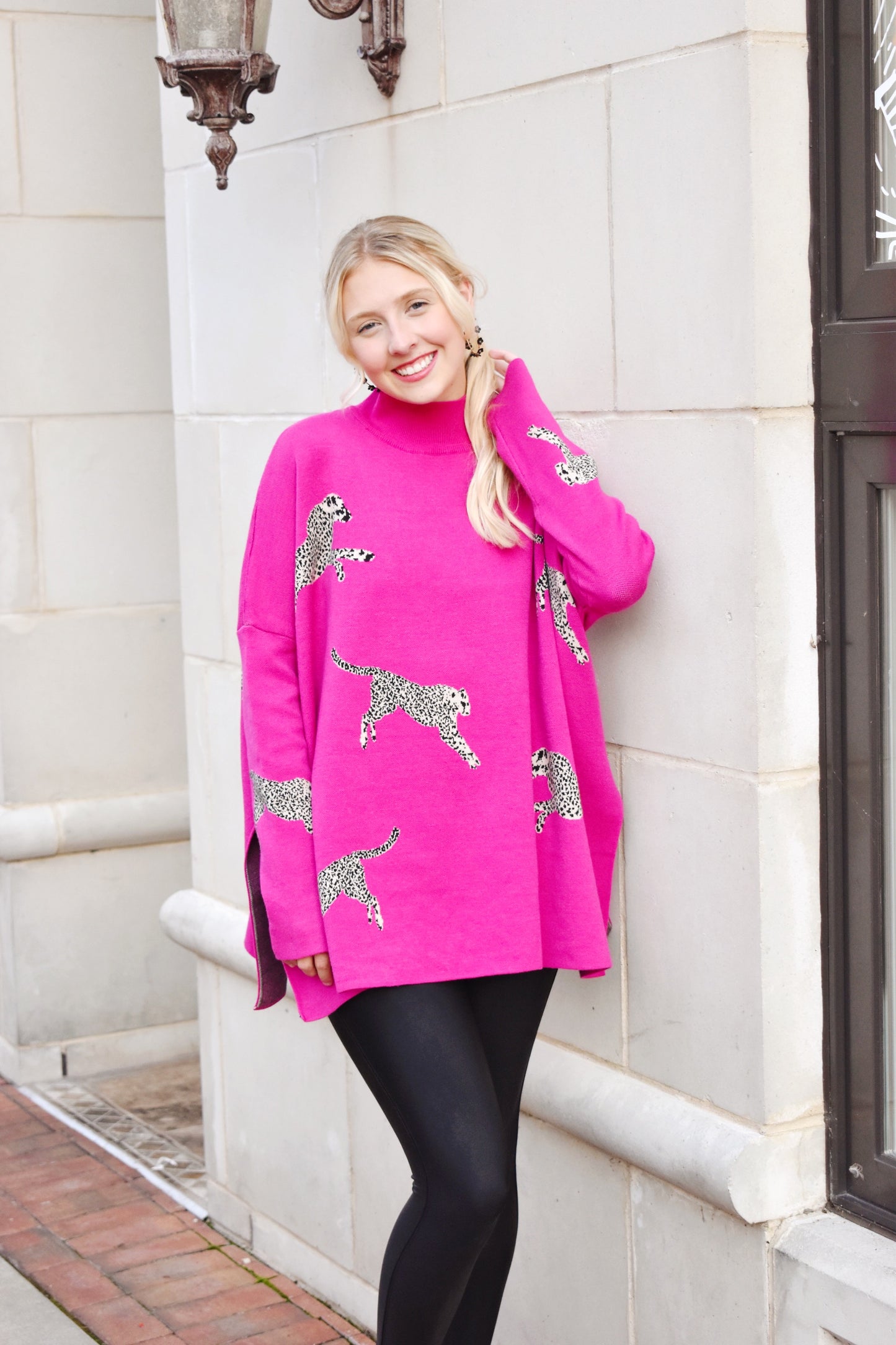 Load image into Gallery viewer, Hot Pink Cheetah Mock Neck Sweater
