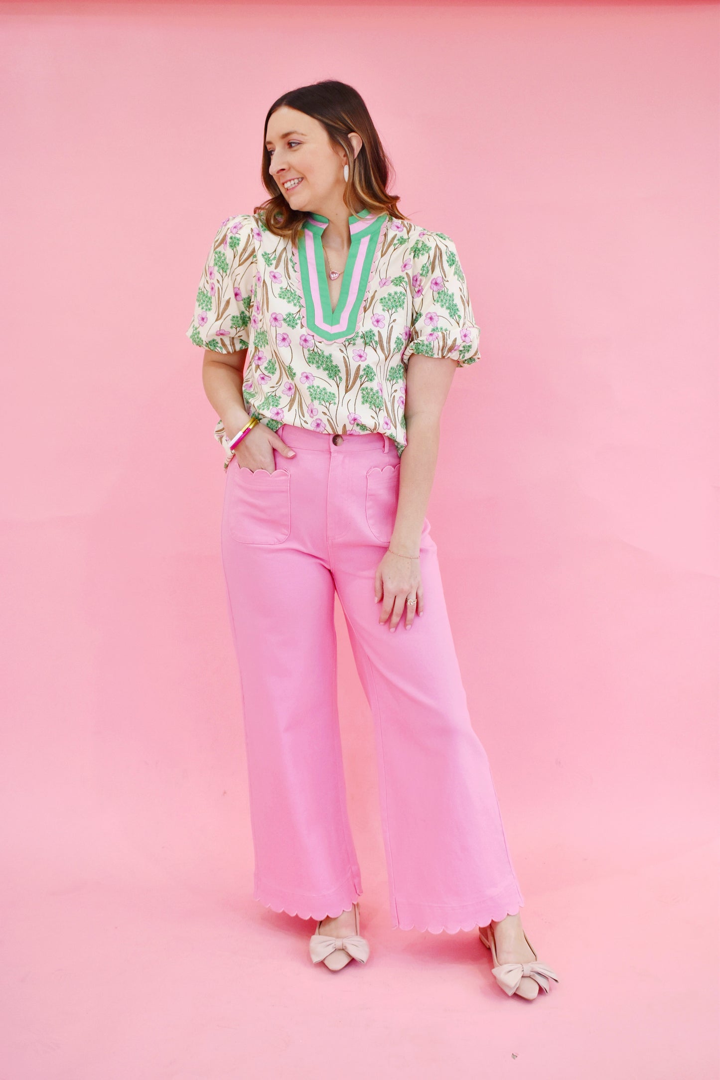 Pink High Rise Scallop  Wide Leg Pants