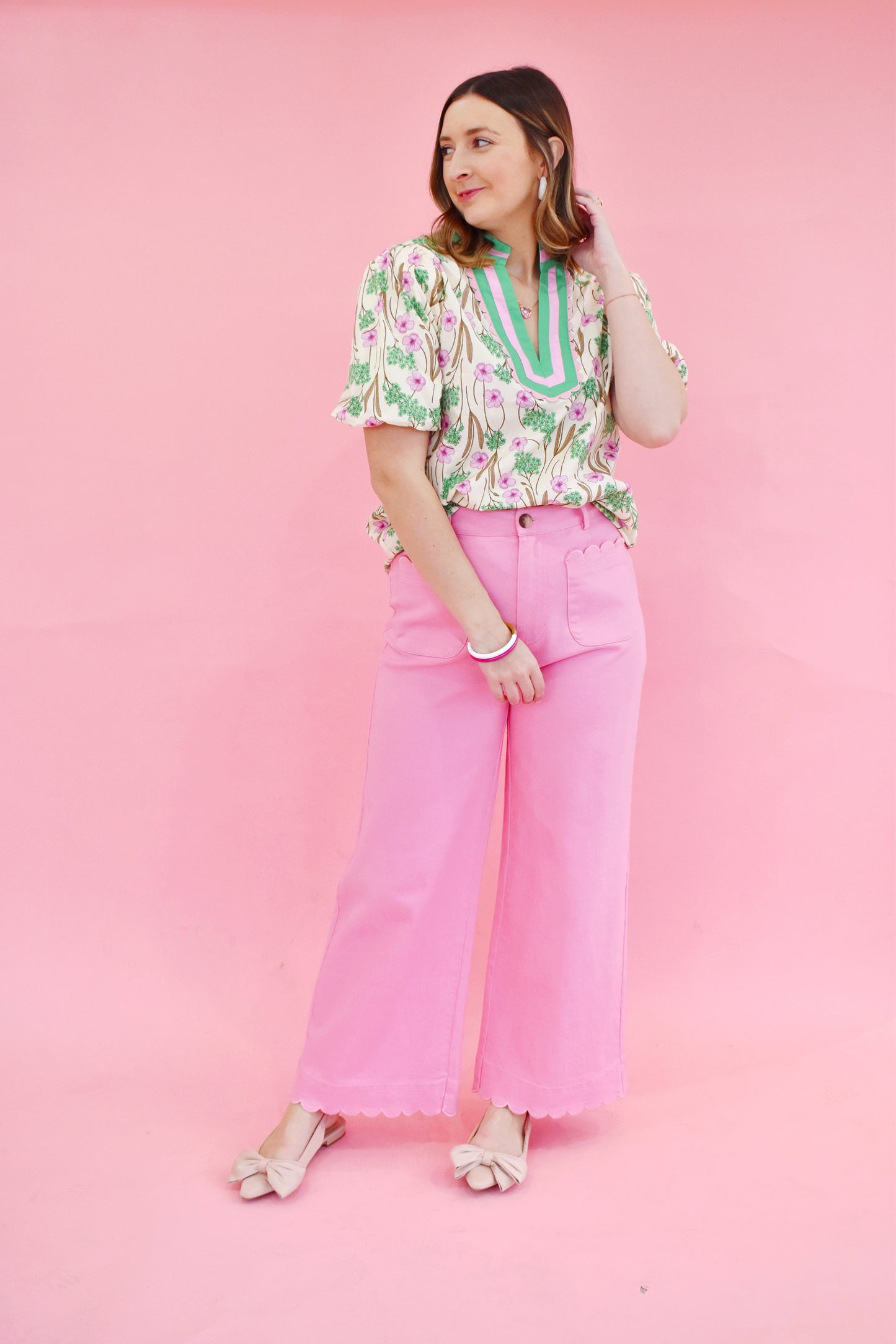 Pink High Rise Scallop  Wide Leg Pants