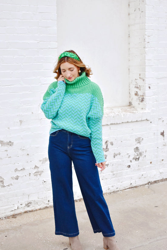 Blue & Green Chunky Turtleneck Sweater