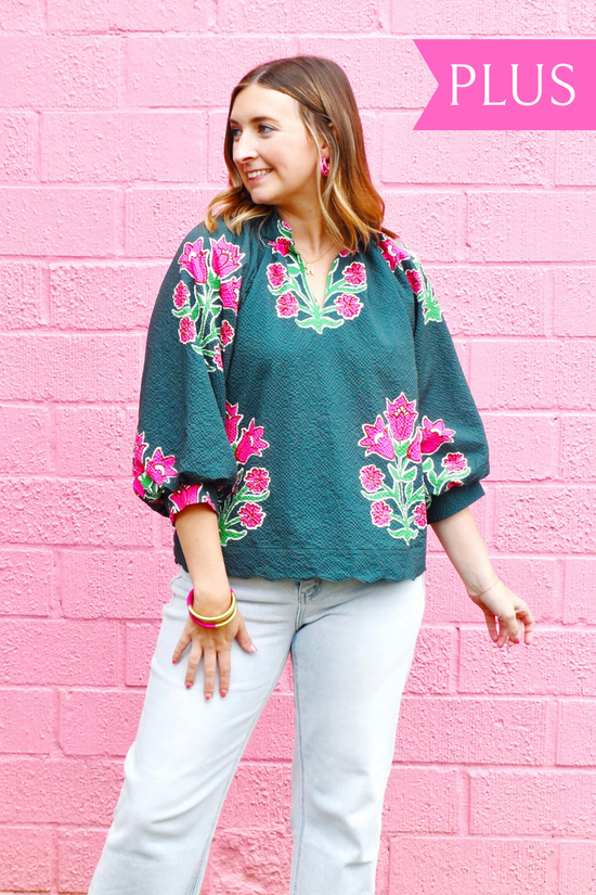Plus Forest & Pink Floral Scallop Hem Blouse