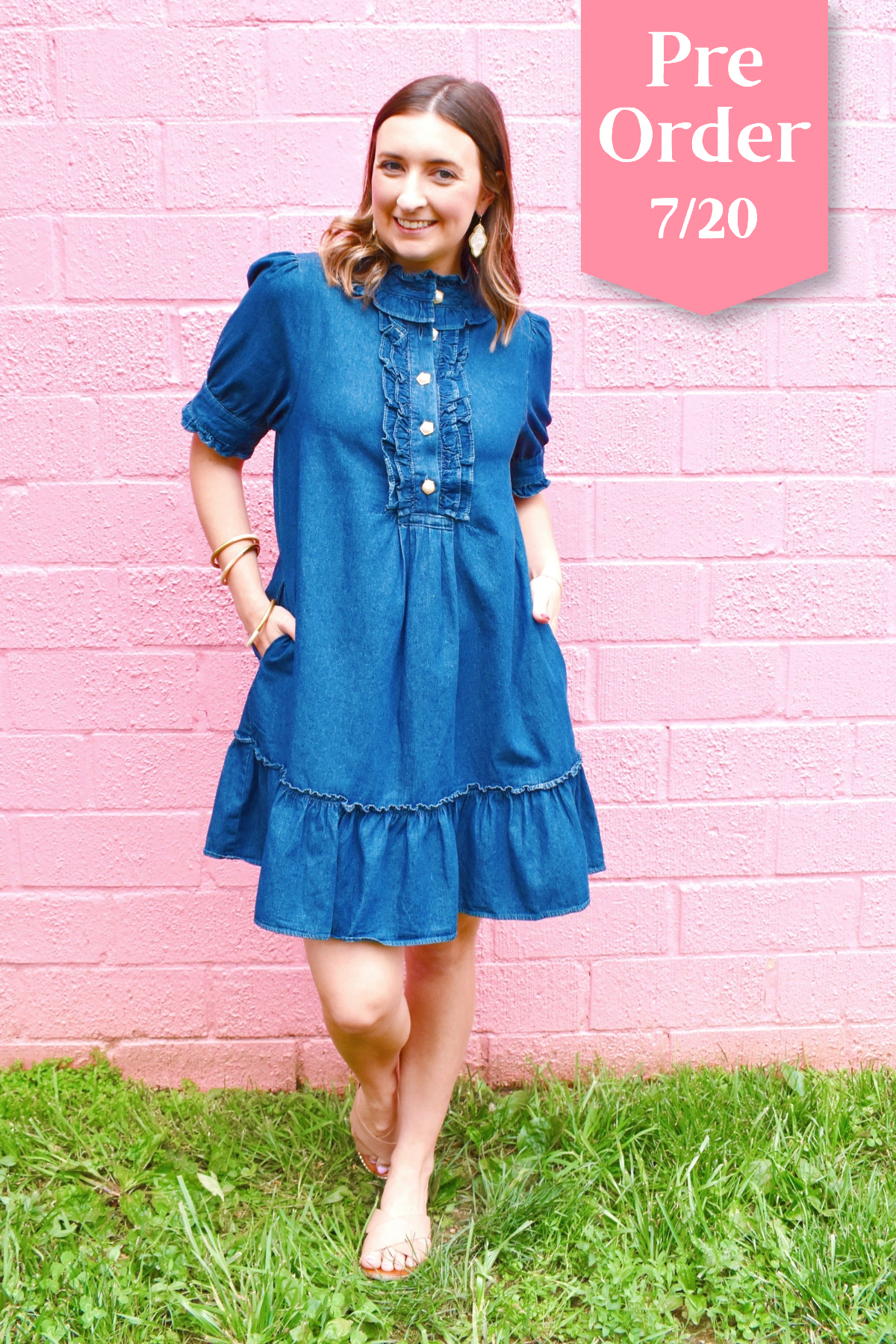 Denim Ruffle Collar Pearl Button Dress