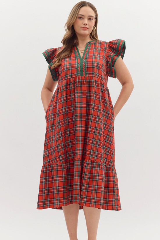 Plus Tartan Ruffle Sleeve Midi Dress