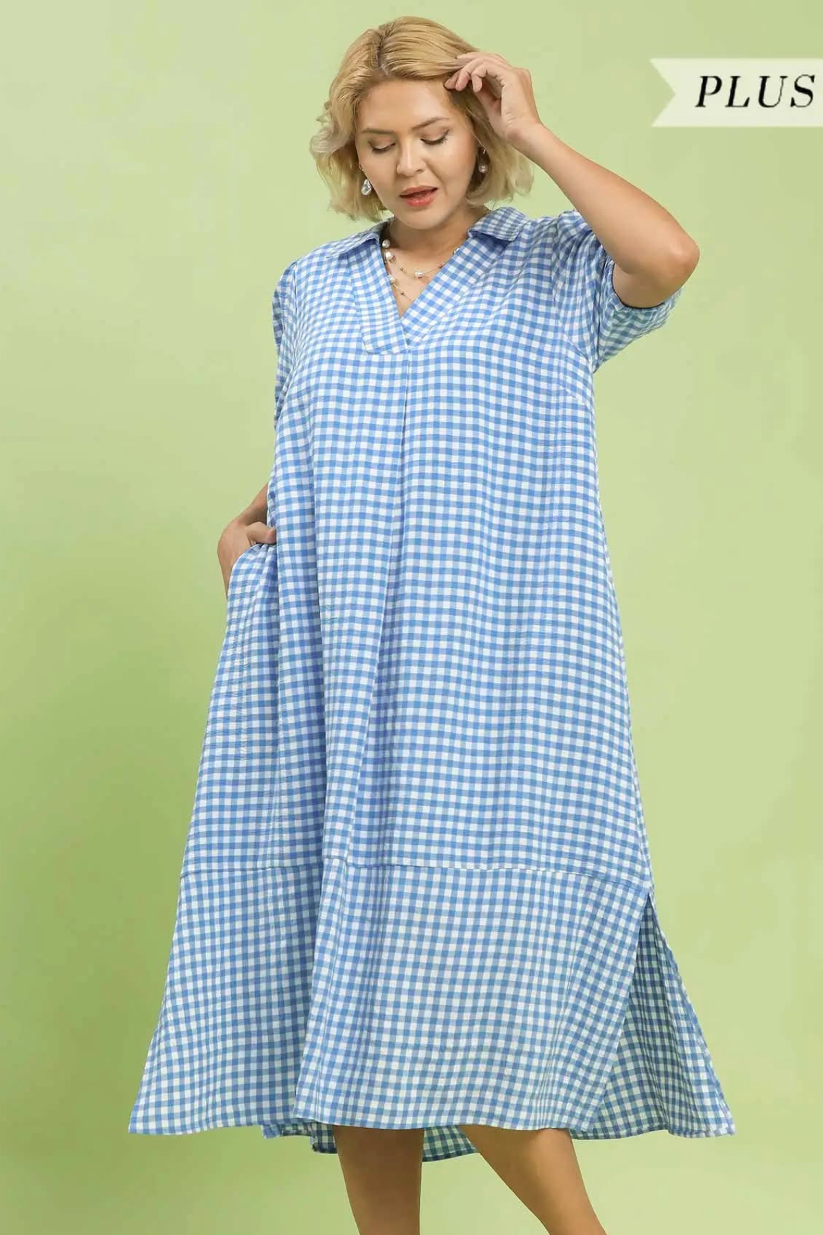 Plus Blue Gingham Collared Midi Dress