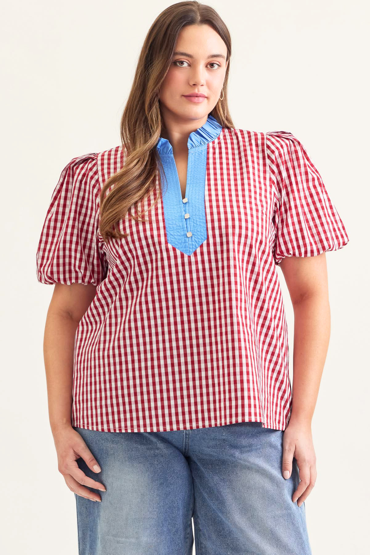 Plus Red Gingham Blue Contrast Blouse