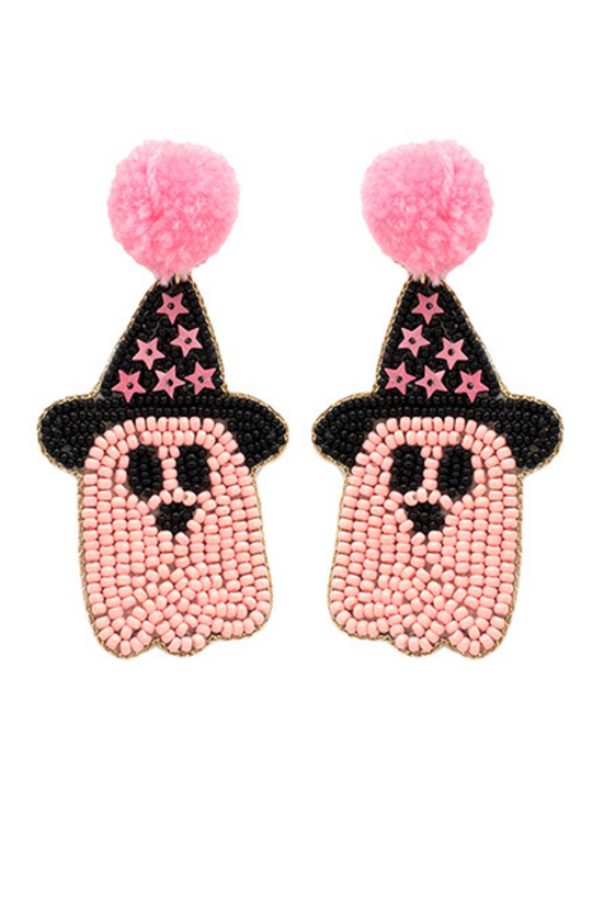 Load image into Gallery viewer, Pink Ghost With Witch Hat Earrings

