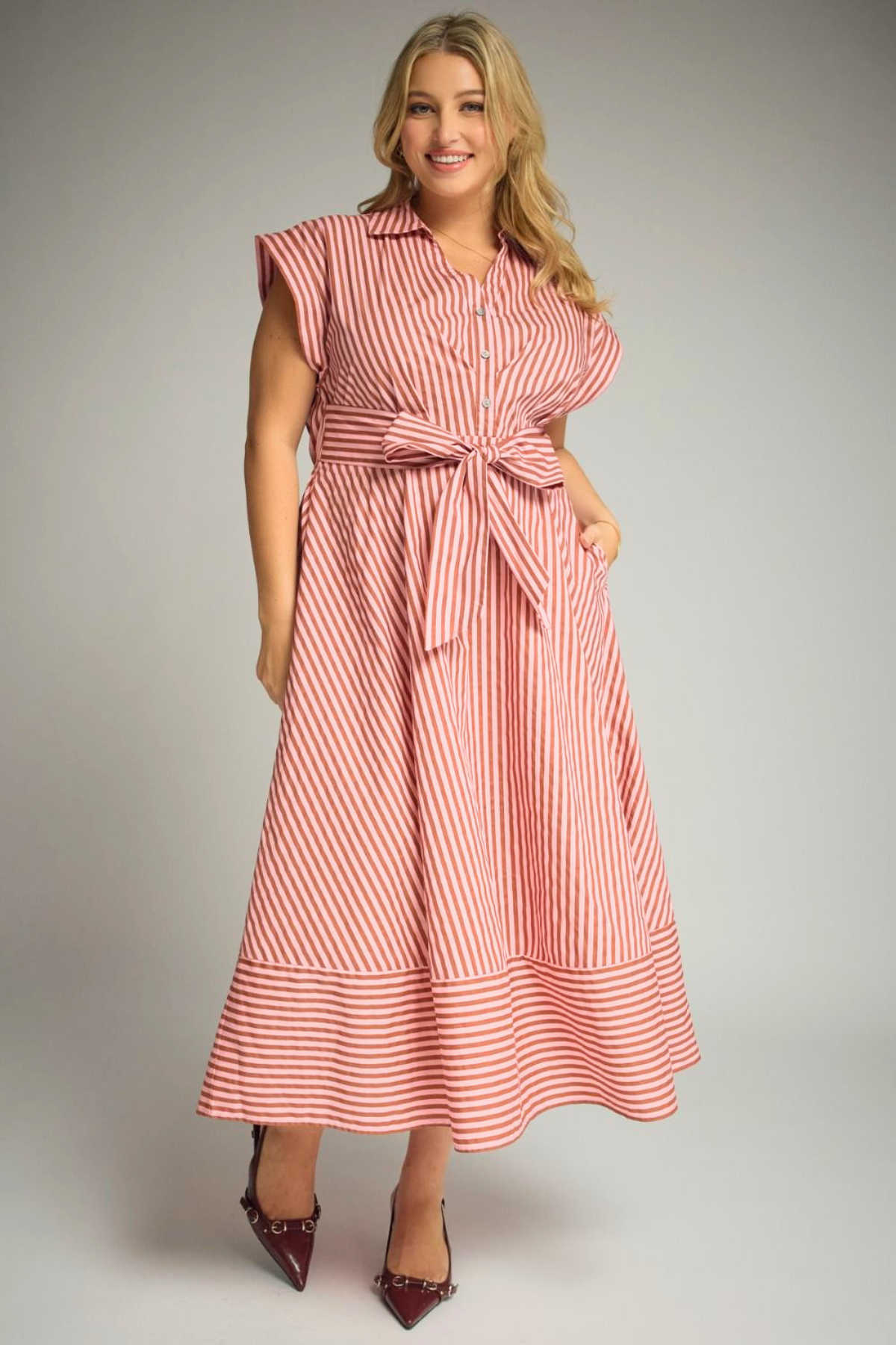 Plus Pink & Camel Striped Collared Tie Waist Dress