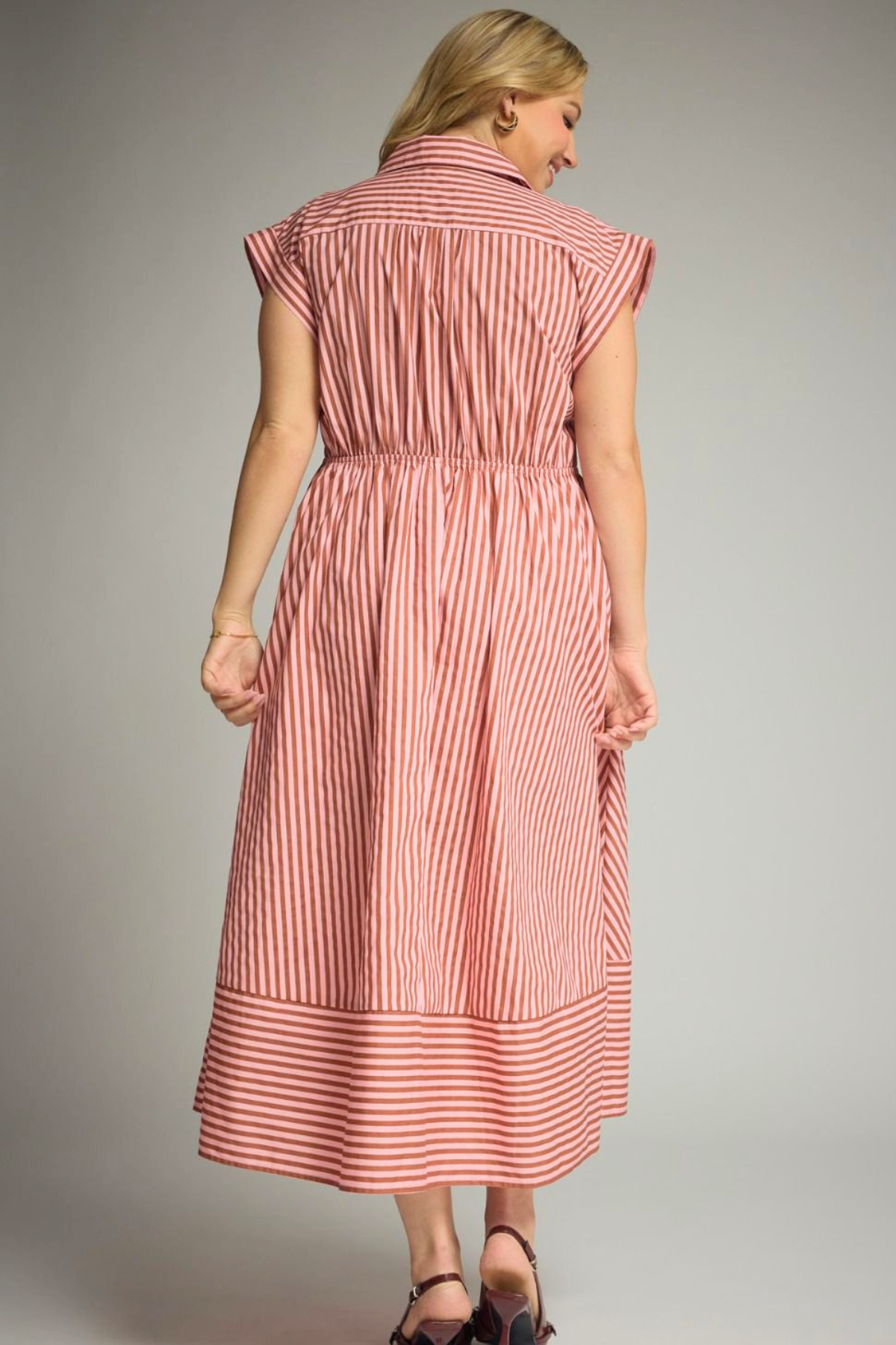 Plus Pink & Camel Striped Collared Tie Waist Dress