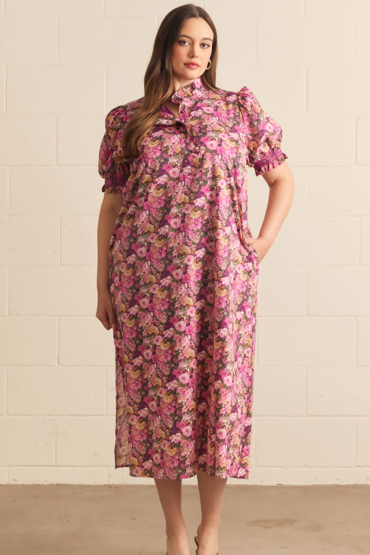 Plus Magenta Floral Ruffle Neck Puff Sleeve Midi Dress