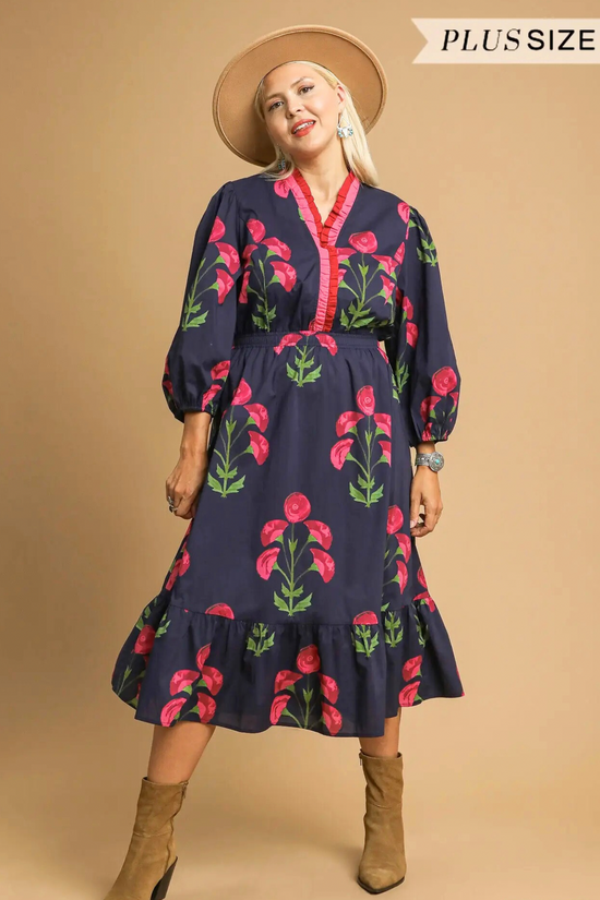 Plus Navy Floral Ruffle Neckline Midi Dress
