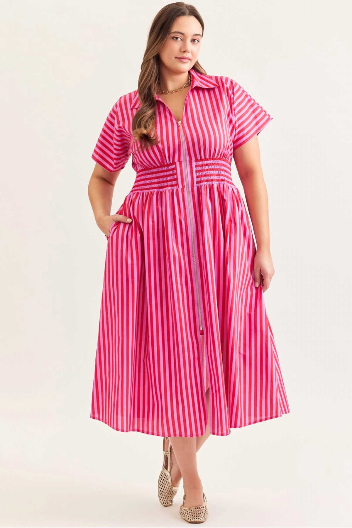 Plus Pink Red Stripe Zip Dress
