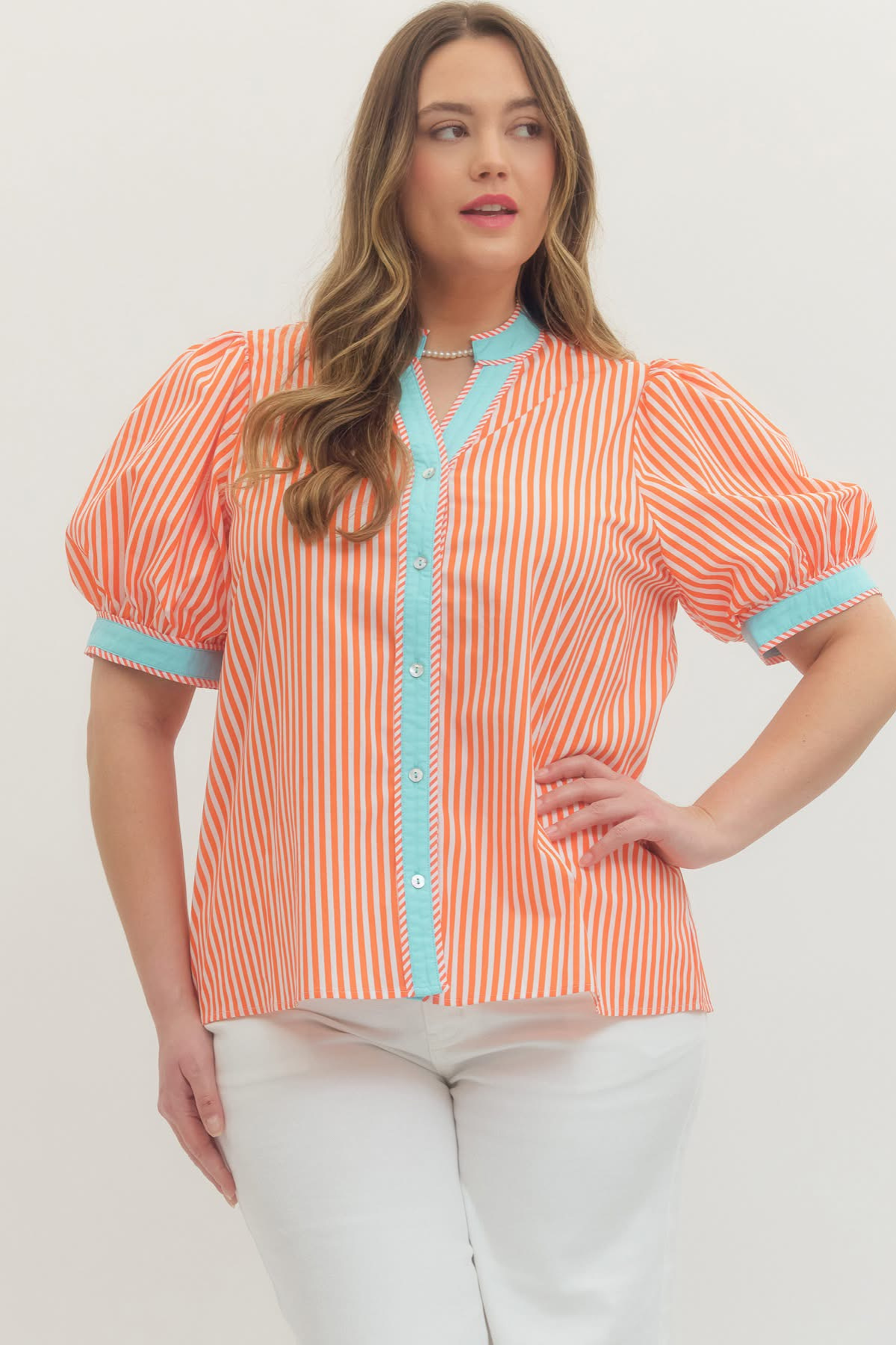 Plus Orange Stripe & Blue Contrast Button Top